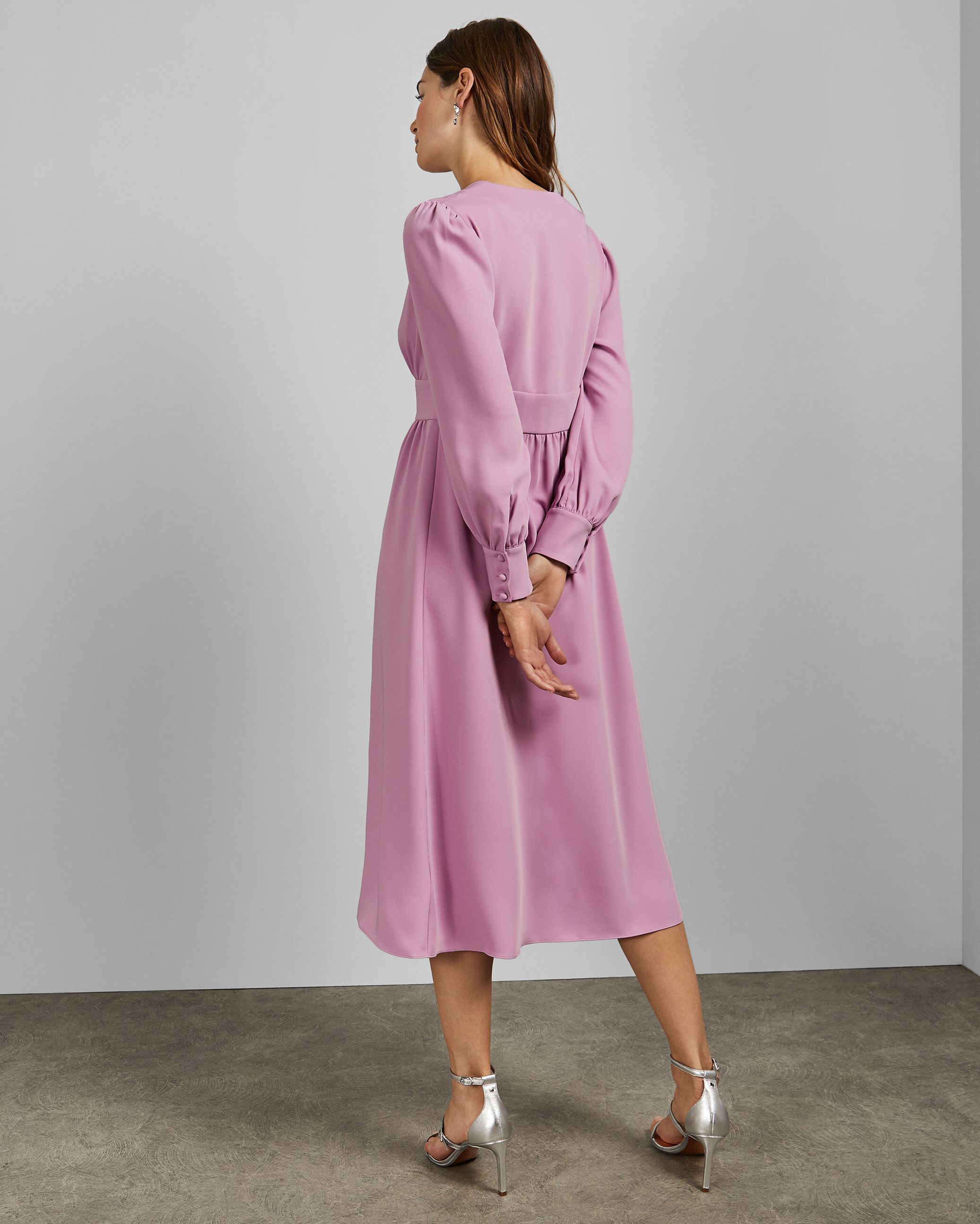 Ted Baker Jesicar Long Sleeve Deep V Midi Dress Dusky Pink