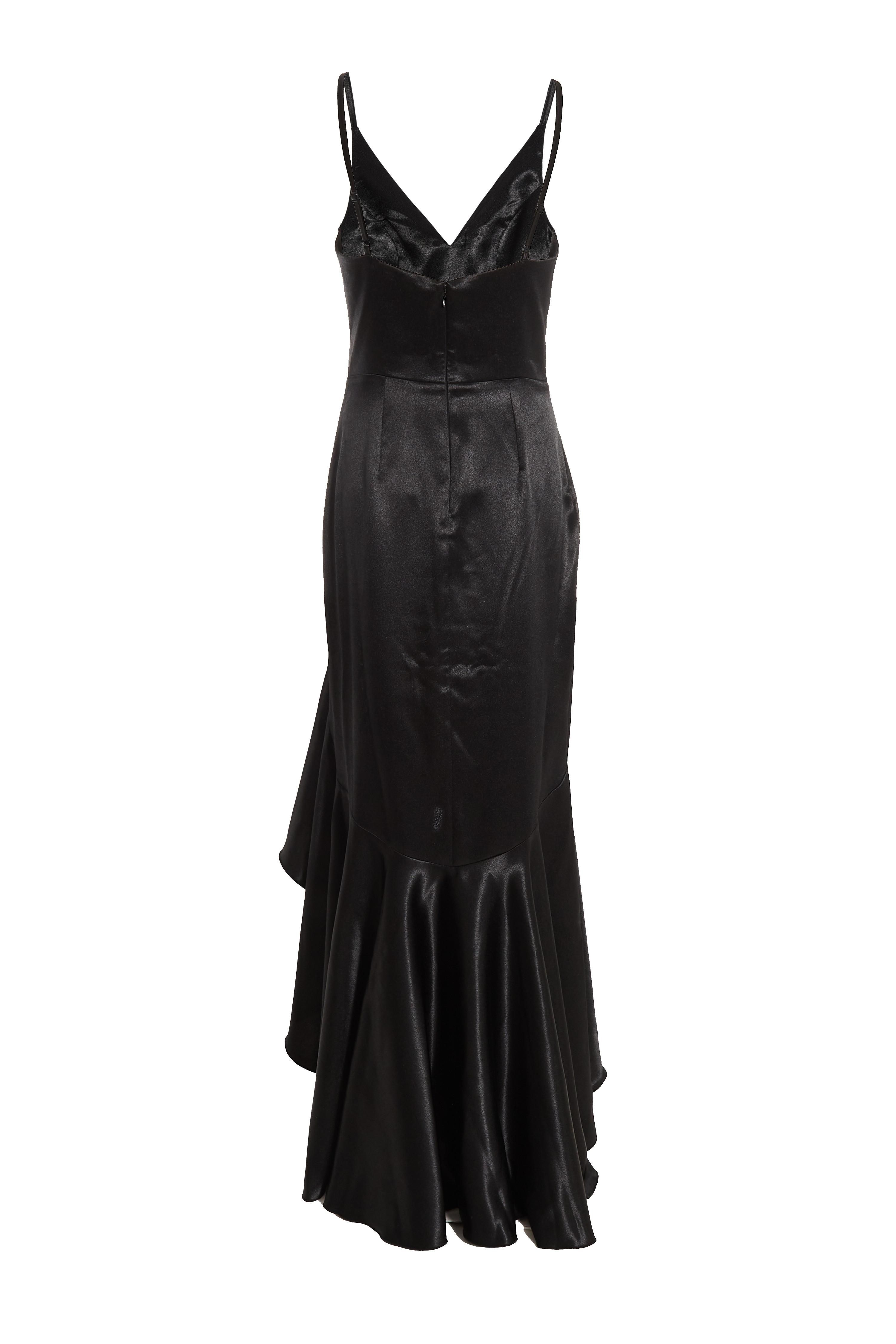 Black Satin Ruffle Maxi Dress