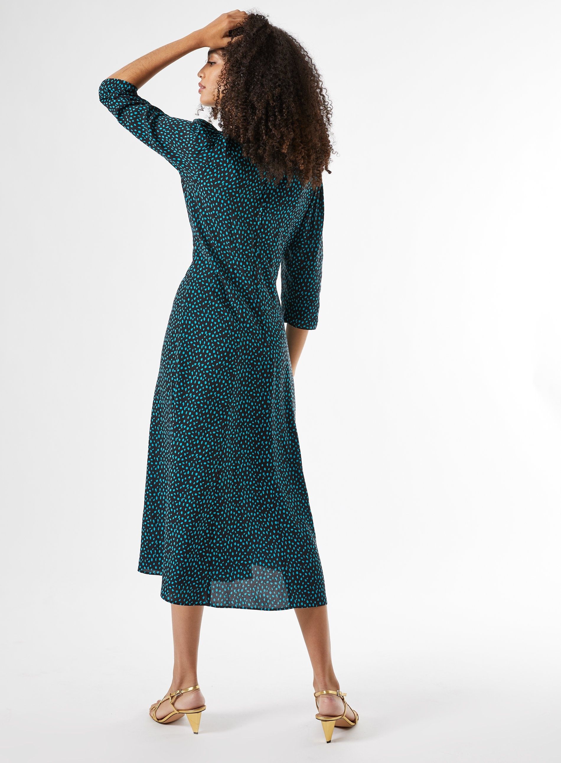 Dorothy Perkins Womens Green Spot Empire Midi Dress 3 4 Sleeve Round Neck