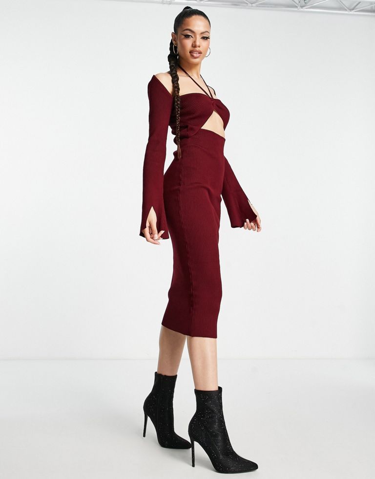 Missguided Cut Out Halter Neck Midaxi Dress In Burgundy Red