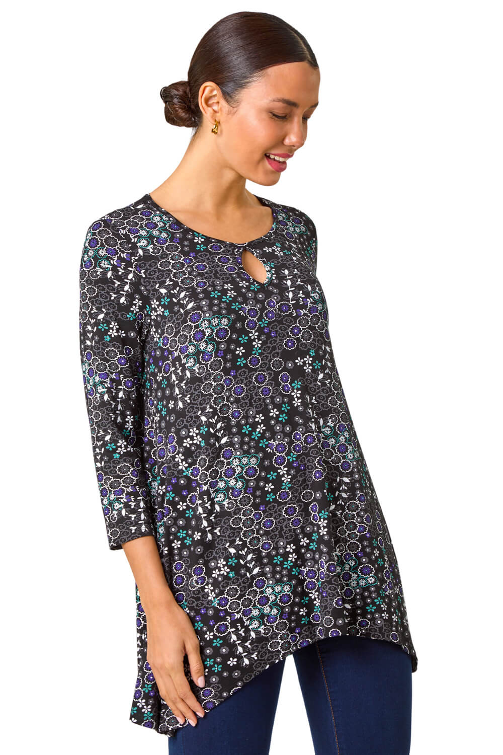 Roman Womens Abstract Circle Print Cutout Tunic Top - Blue - Size 10 UK