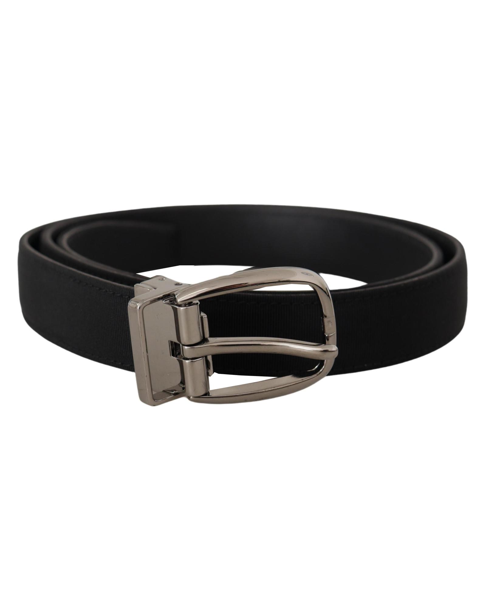 Dolce & Gabbana Mens Grosgrain Leather Silver Logo Buckle Belt - Black Silk - Size 105 cm