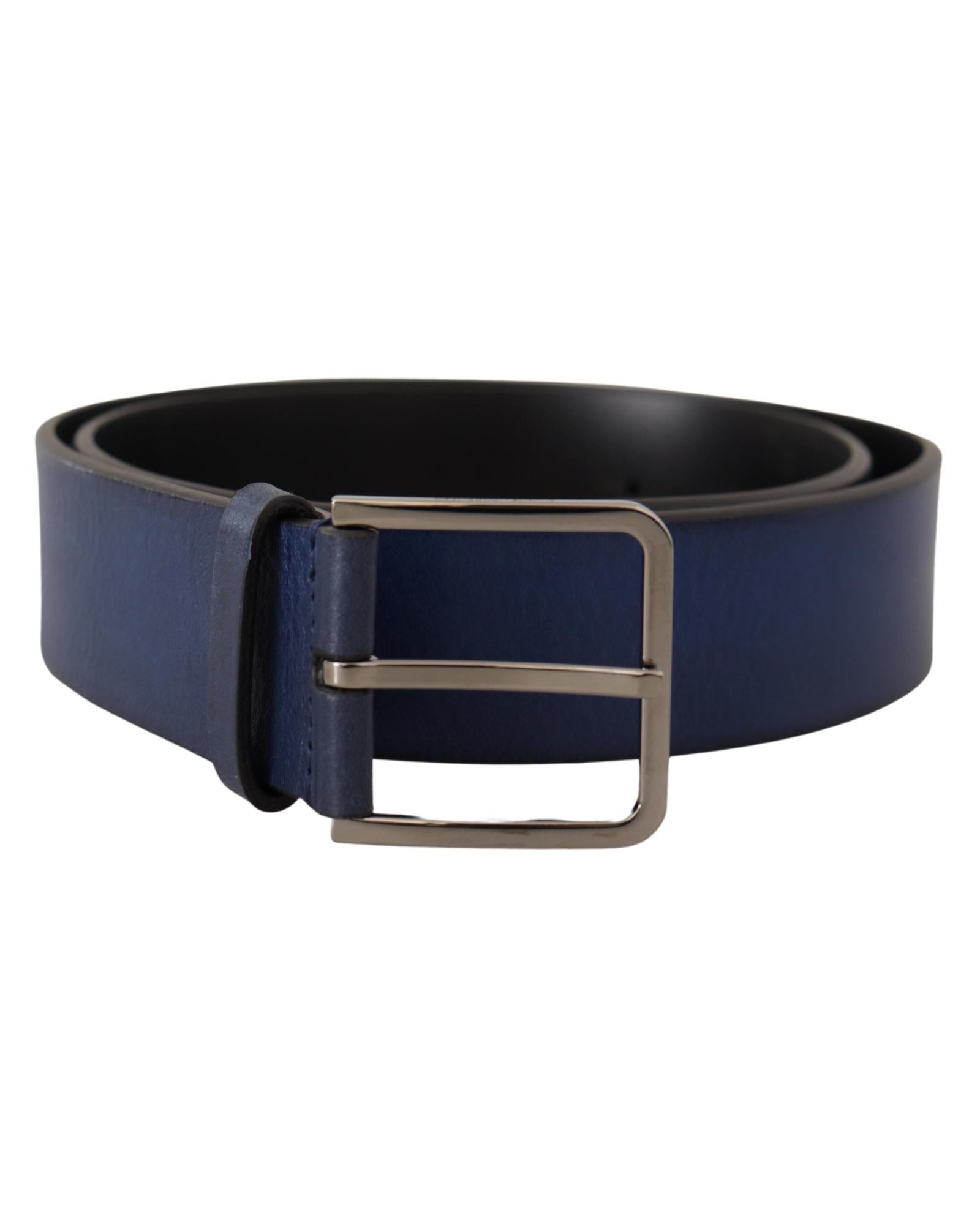 Dolce & Gabbana Mens Eye-Catching Leather Belt with Silver Tone Buckle Closure - Blue - Size 85 cm