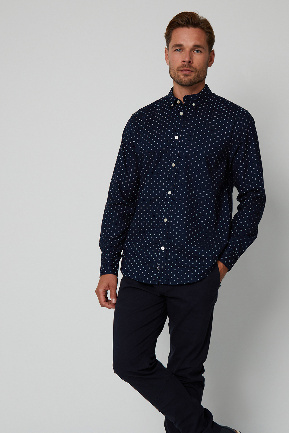 Threadbare Mens Navy 'Leonhard' Geometric Print Long Sleeve Shirt Cotton - Size Large