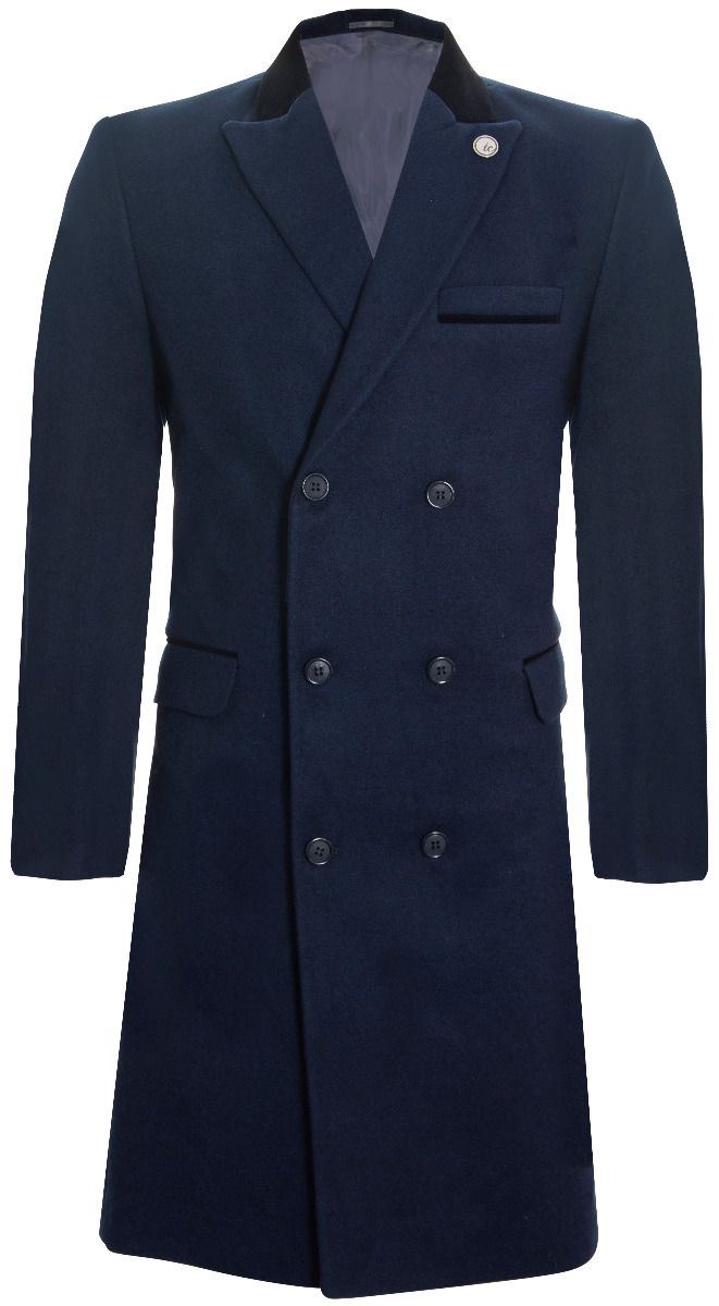 TruClothing Mens 3/4 Long Double Breasted Navy Crombie Overcoat Wool Coat Peaky Blinders - Size 38 (Chest)