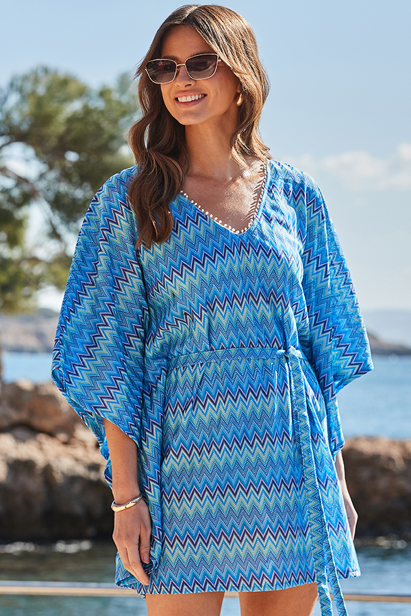 Sosandar Womens Blue Chevron Print Kaftan With Pom Pom Trim - Size XL/2XL