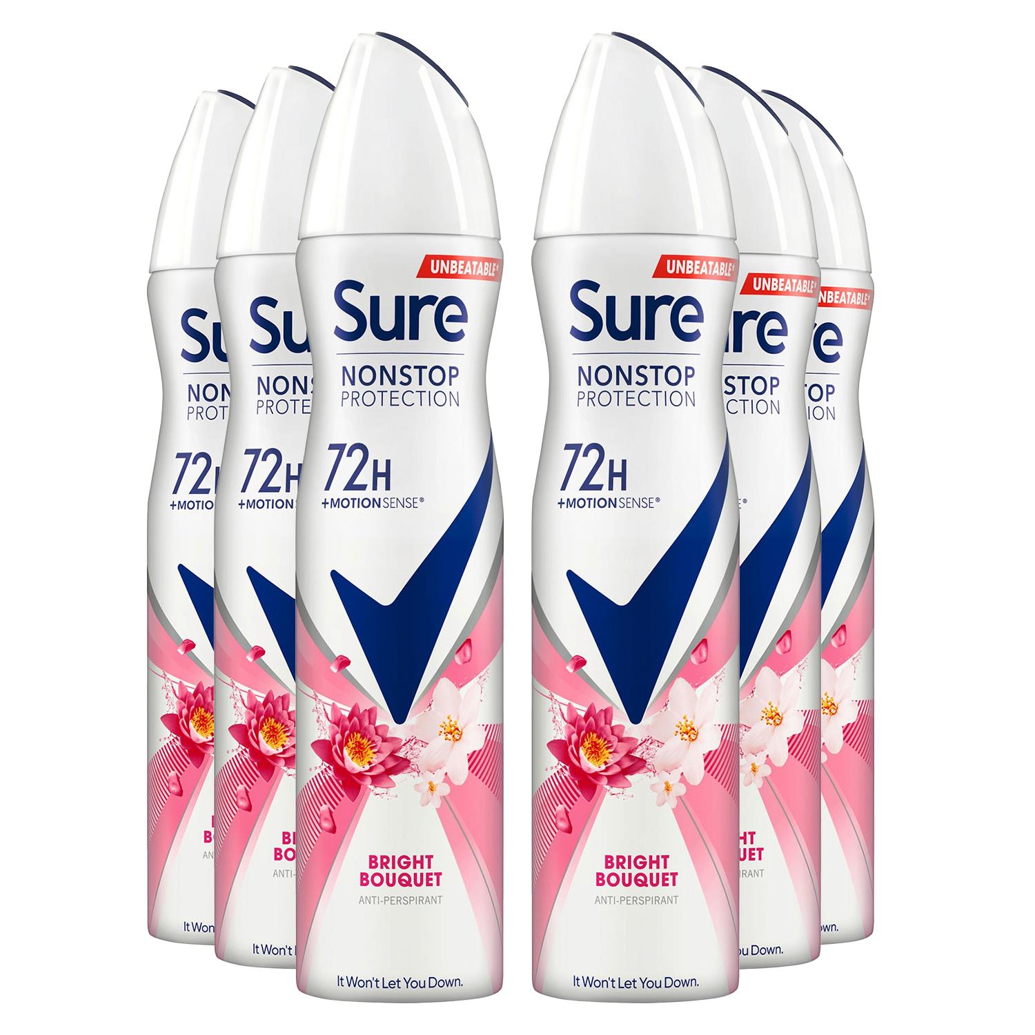 Sure Womens Women Antiperspirant 72H Nonstop Protection Bright Bouquet Deodorant 250ml, 6 Pack - NA - One Size