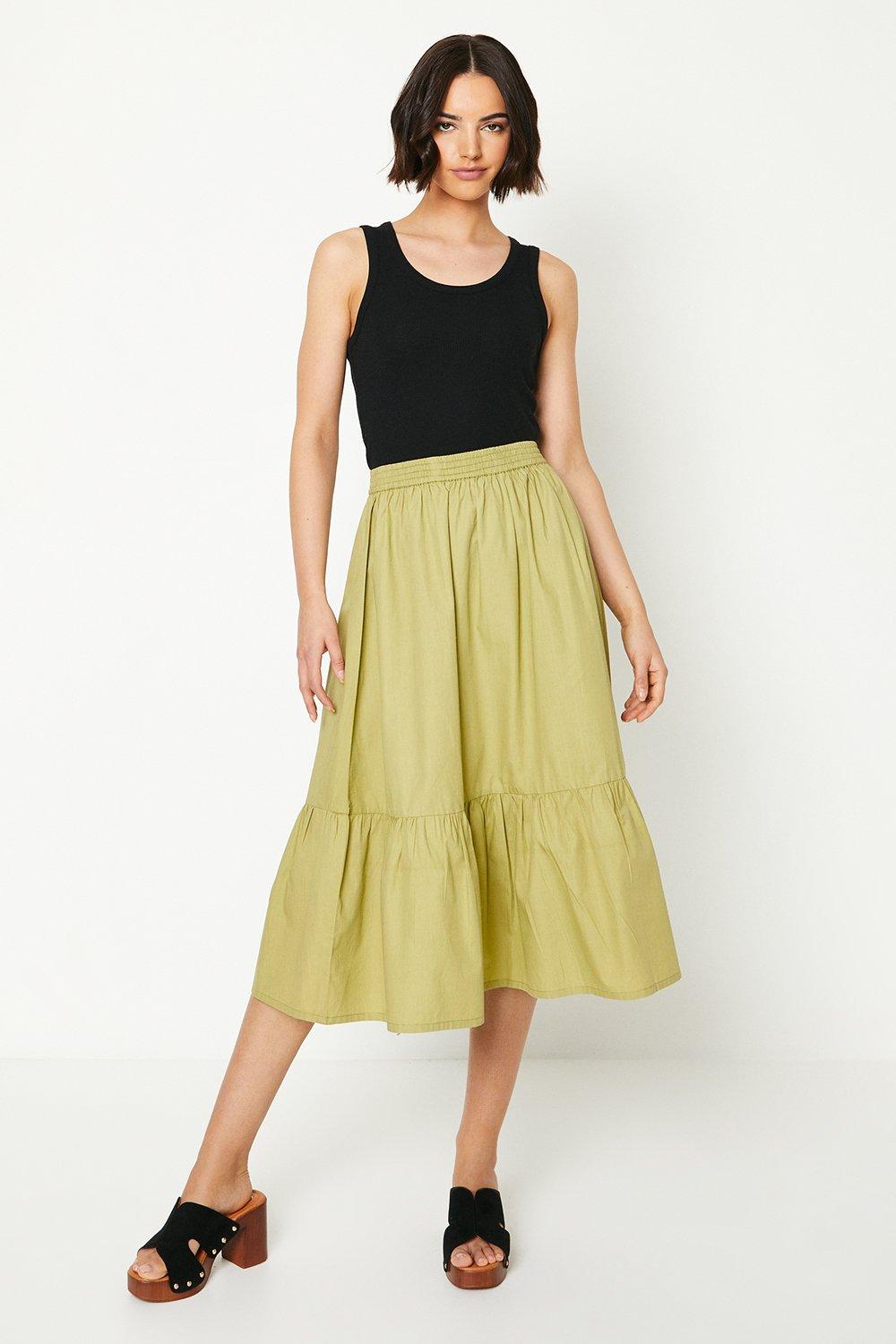 Oasis Womens Poplin Midi Skirt - Green Cotton - Size 10 UK