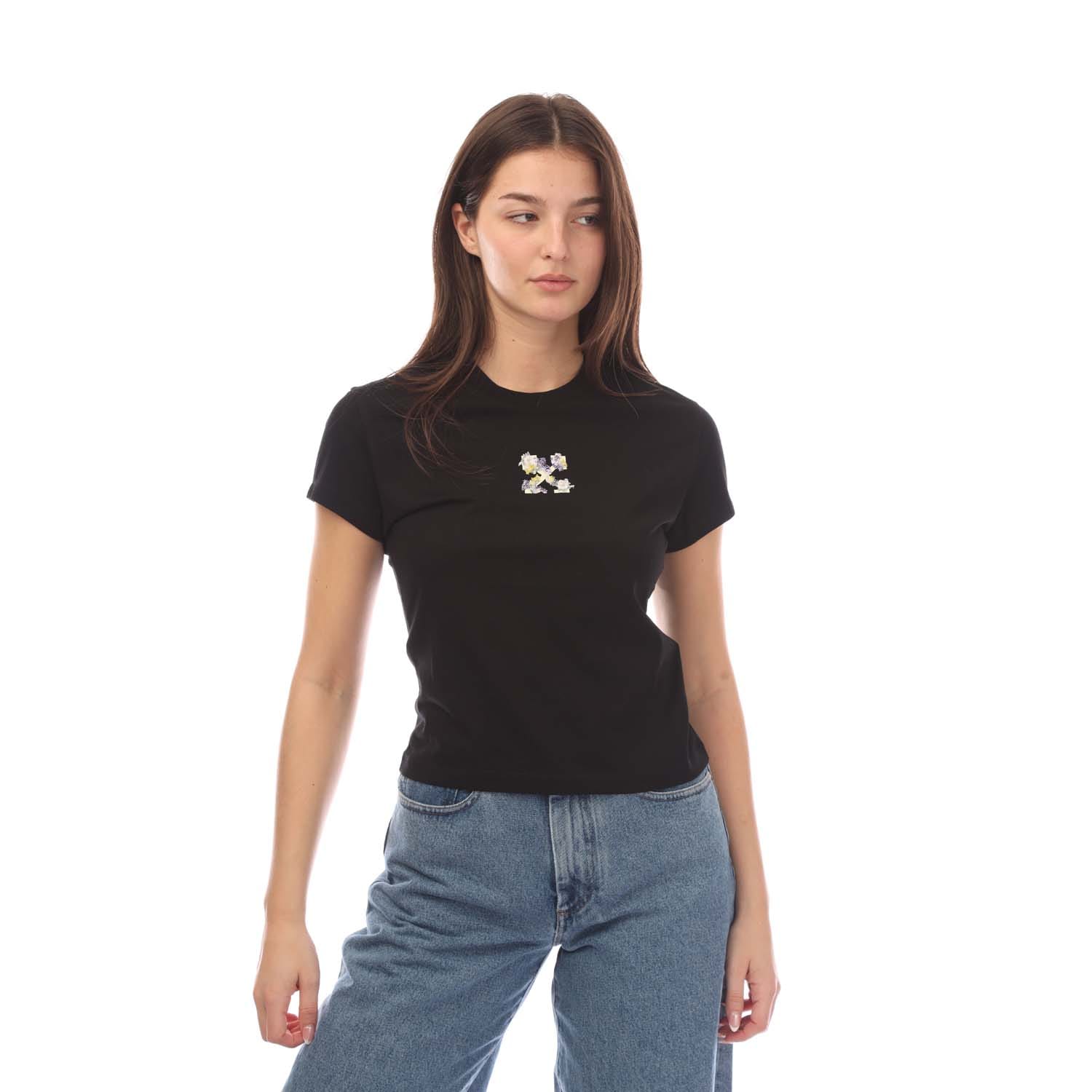 Off-White Womenss Off White Embroidered Flower Mini Arrow Fitted T-Shirt in Black - Size 14 UK