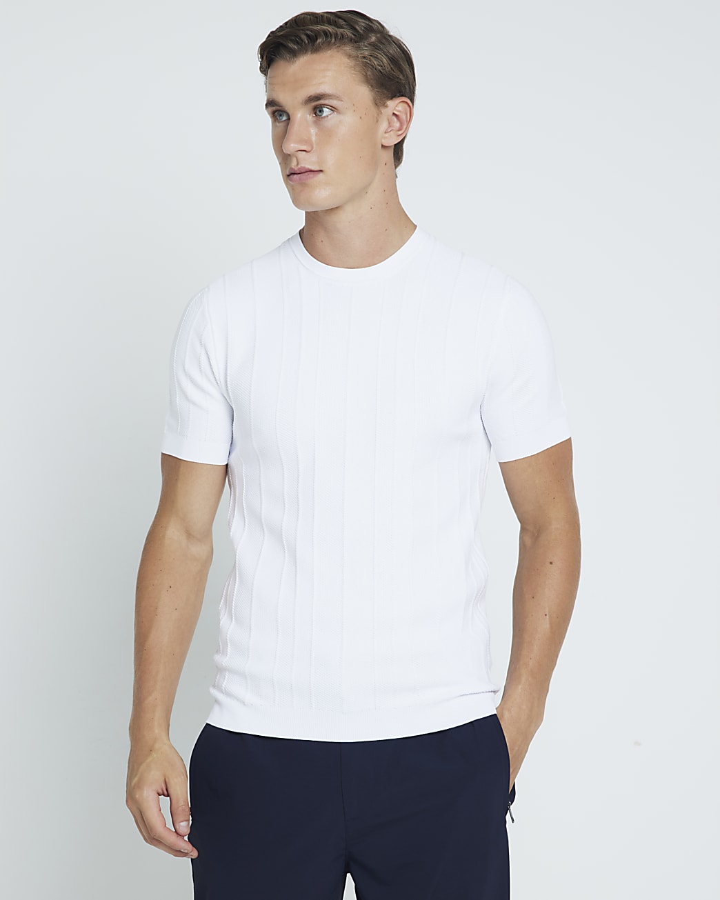 River Island Mens T-Shirt White Muscle Fit Herringbone - Size X-Large