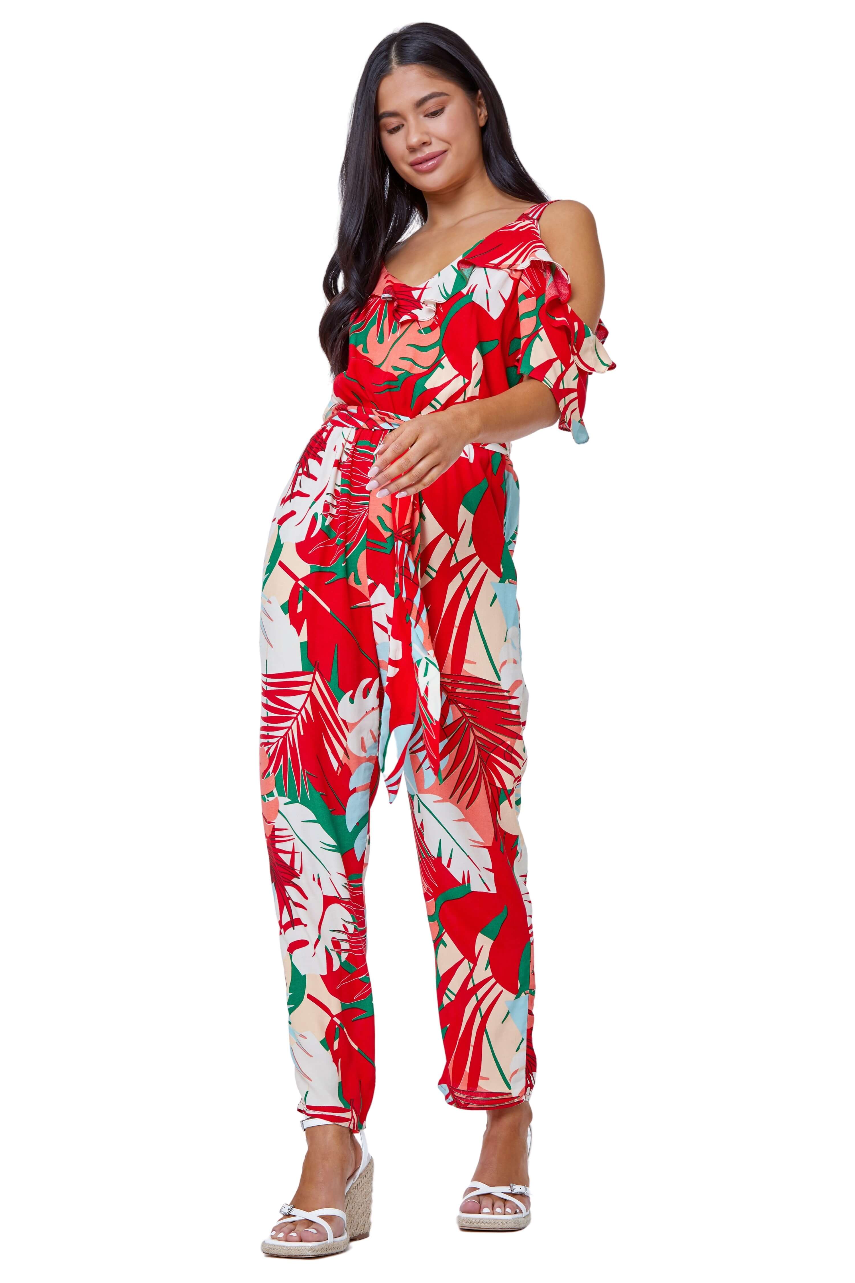 Roman Petite Womens Tropical Print Frill Jumpsuit - Orange Viscose - Size 12 UK