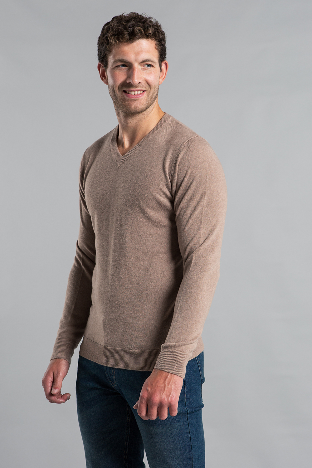 Kensington Eastside Mens Taupe V-Neck Long Sleeve Jumper - Size Medium