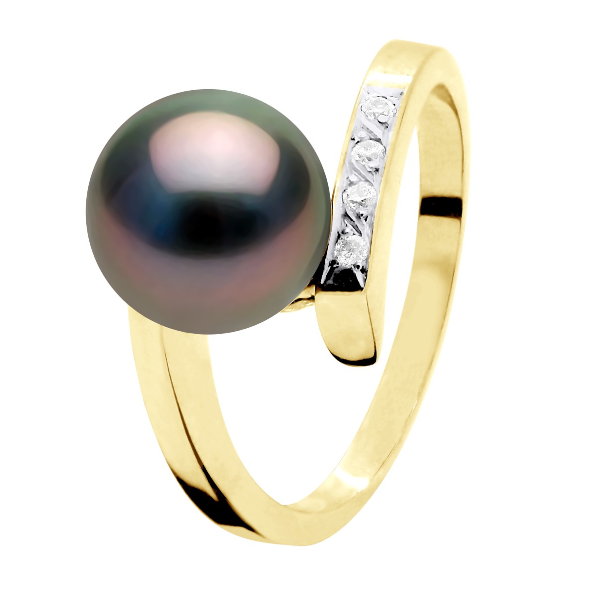 Ateliers Saint Germain Womens Ring Jewelry Diamond 0,04 Cts Yellow Gold - Real Cultured Tahiti Pearl Round 8-9 mm - Black - Size L 1/2