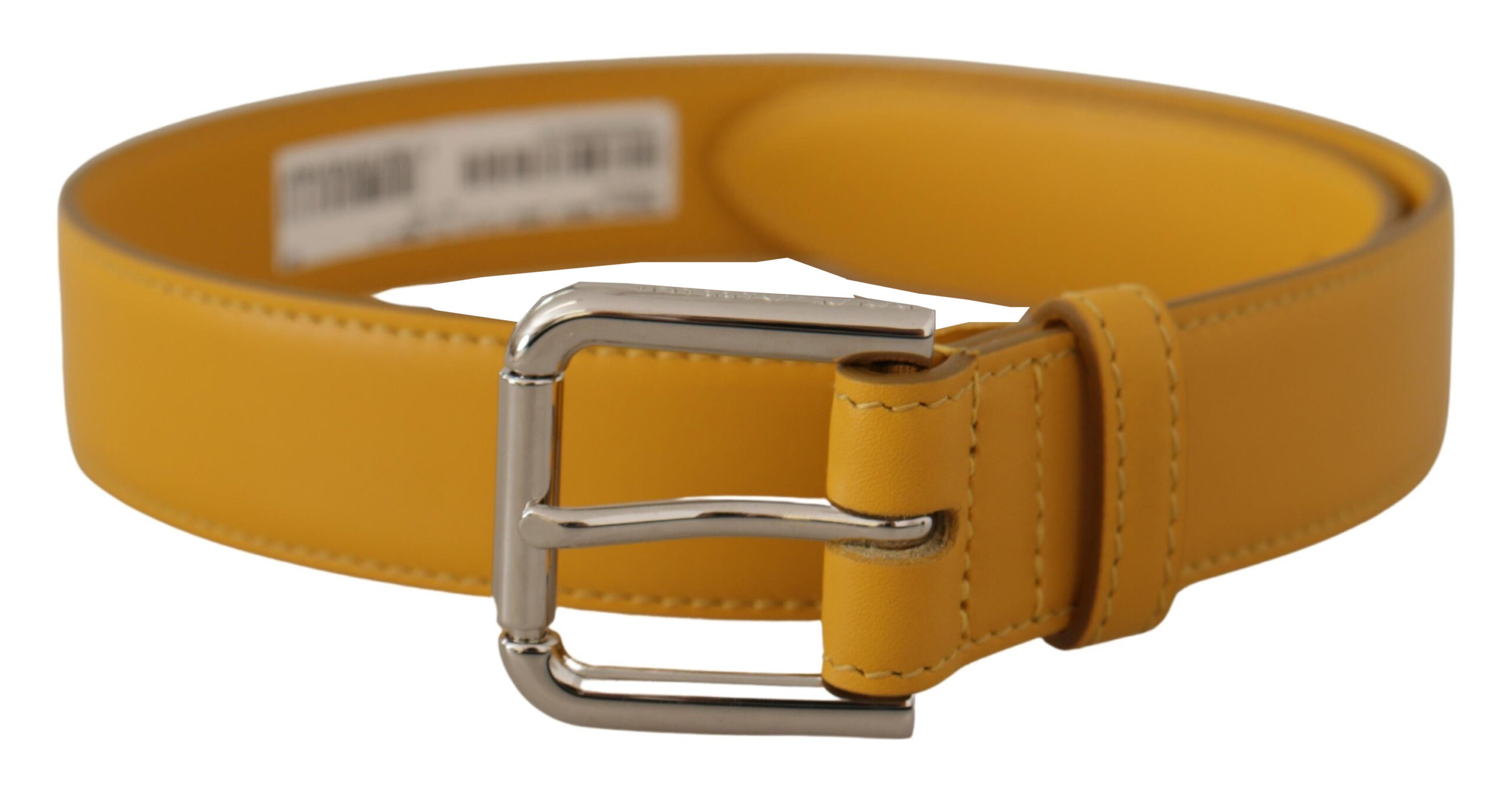 Dolce & Gabbana WoMens Yellow Leather Silver Tone Logo Metal Buckle Belt - Size 60 cm