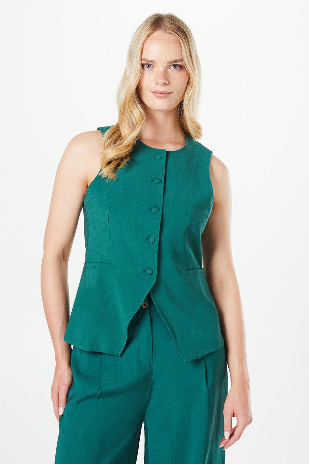 Oasis Womens High Neck Tailored Linen Waistcoat - Teal viscose - Size 16 UK