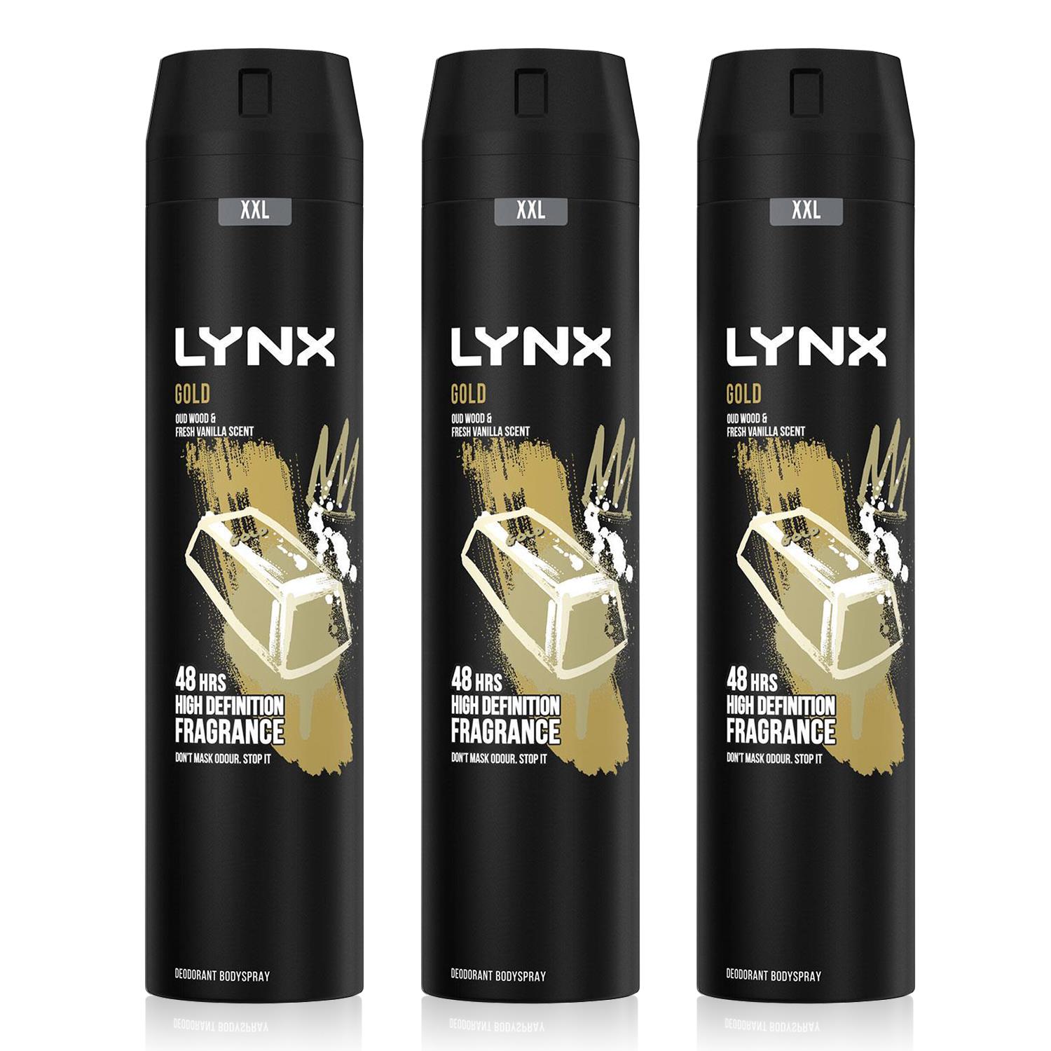 Lynx Mens XXL Gold 48-Hour High Definition Fragrance Body Spray Deodorant, 3x250ml - One Size