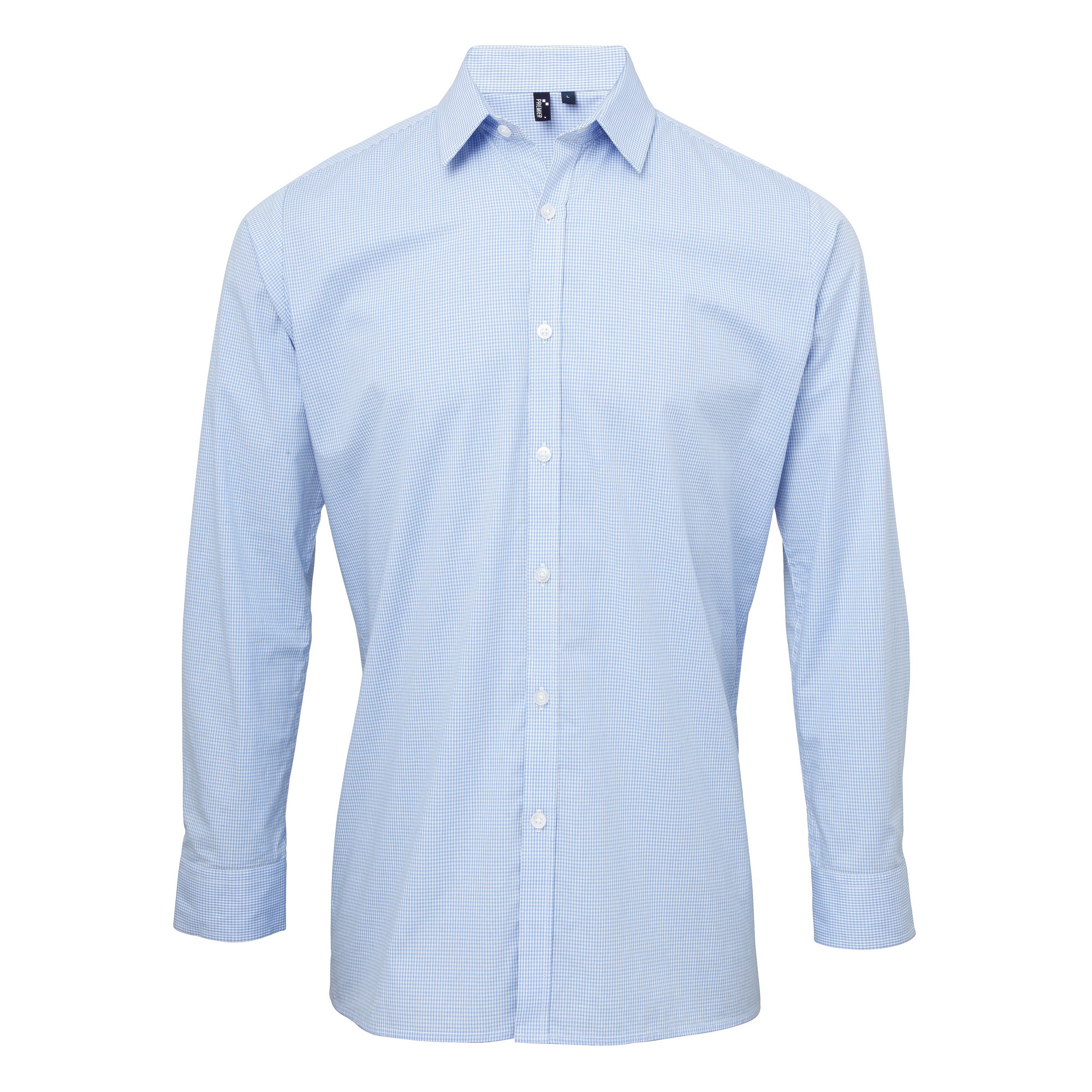 Premier Mens Microcheck Long Sleeve Shirt (Light Blue/White) - Blue & White Cotton - Size Large