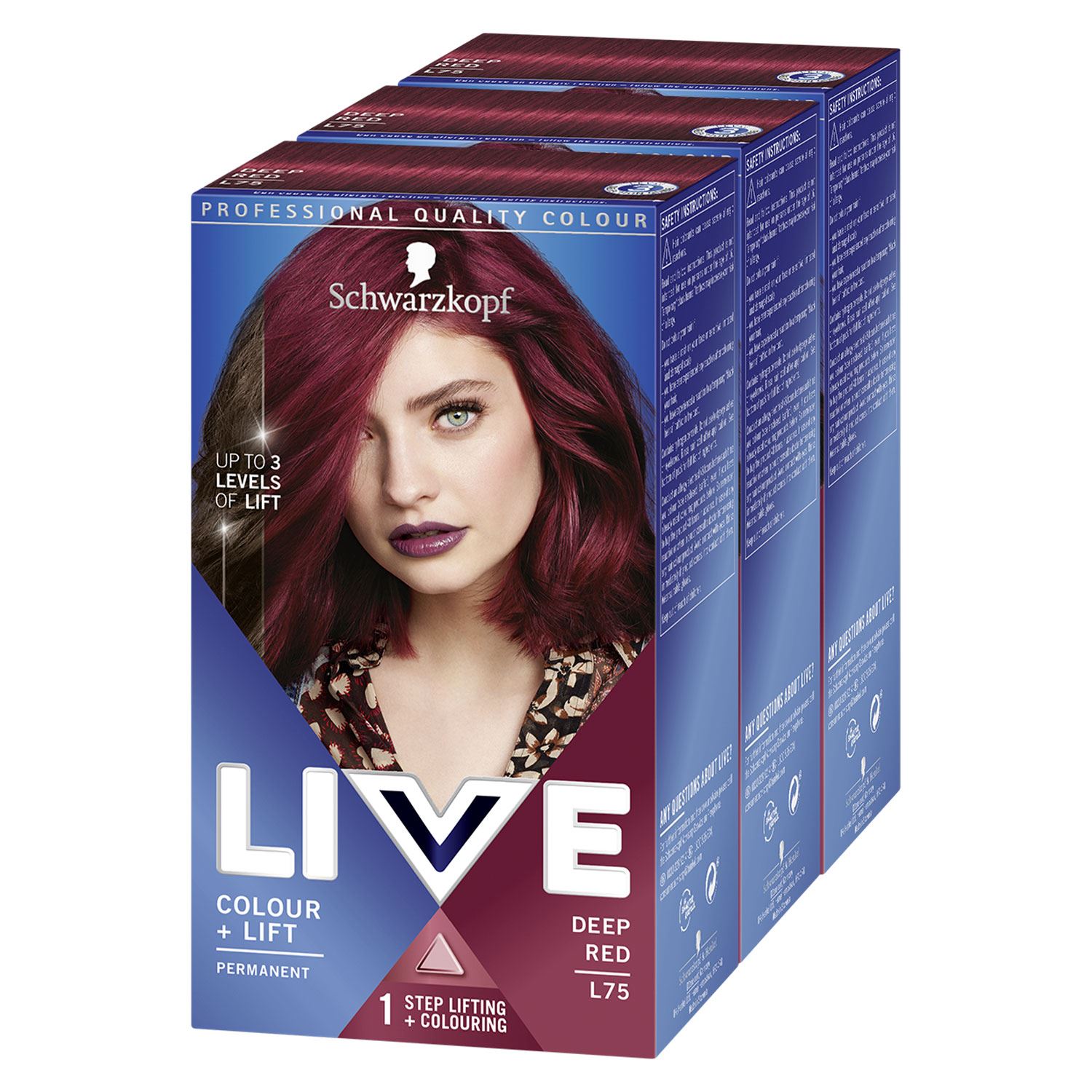 Schwarzkopf Womens 3x Live Color+Lift Permanent Colour Hair Dye,L75 Deep Red with Serum - Cream - One Size