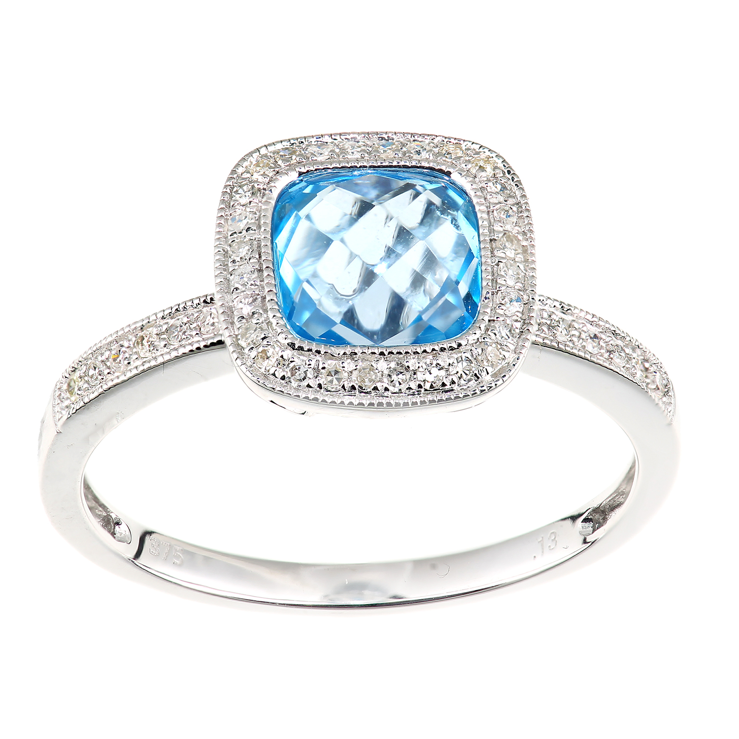 Diamant L'Eternel Womens 9ct White Gold Diamond and Blue Topaz Square Cut Gemstone Ring - Size J