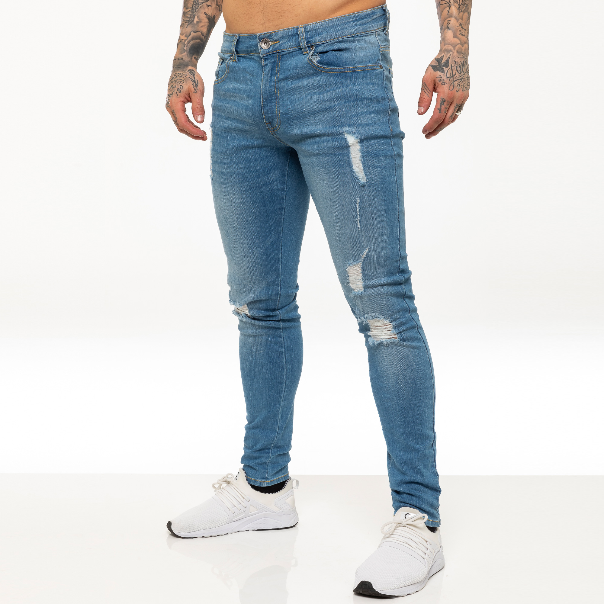 Enzo Mens Skinny Ripped Jeans - Sky Blue Cotton - Size 34 Long