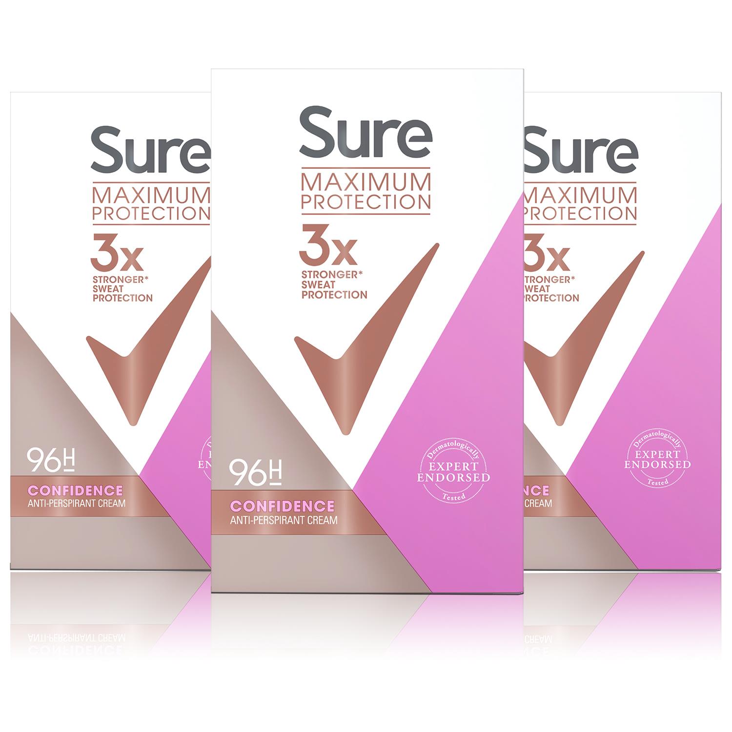 Sure Womens Women Maximum Protection Confidence Anti-Perspirant Cream, 3x 45ml - One Size