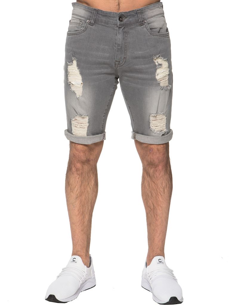 Enzo Mens Ripped Skinny Shorts - Grey Cotton - Size 44 (Waist)