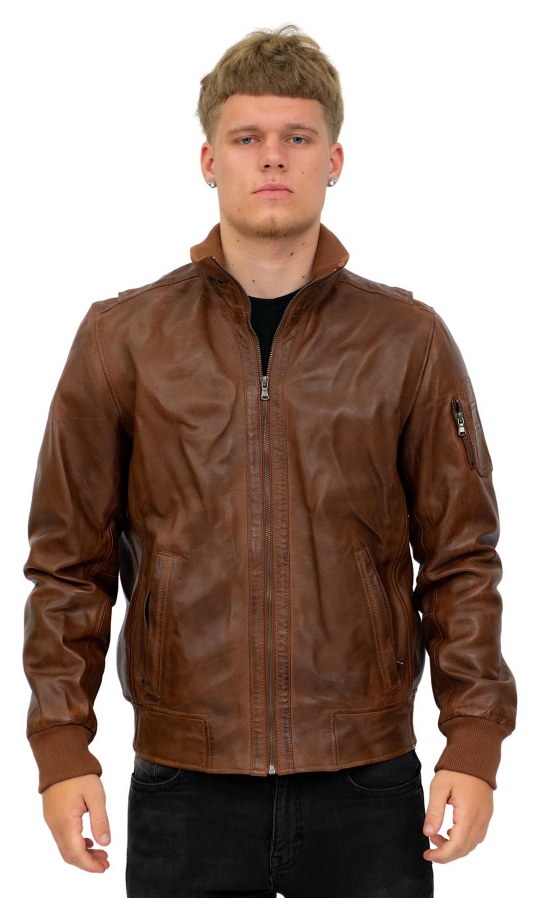 Infinity Leather Mens Varsity Bomber Jacket-Adana - Tan - Size Small