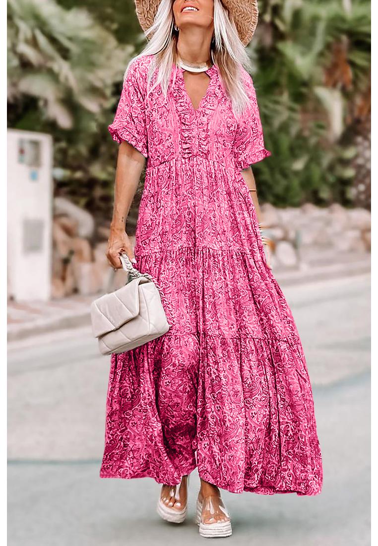 Azura Exchange WoMens Boho Paisley Print Ruffle Tiered Maxi Dress in Pink - Size X-Large