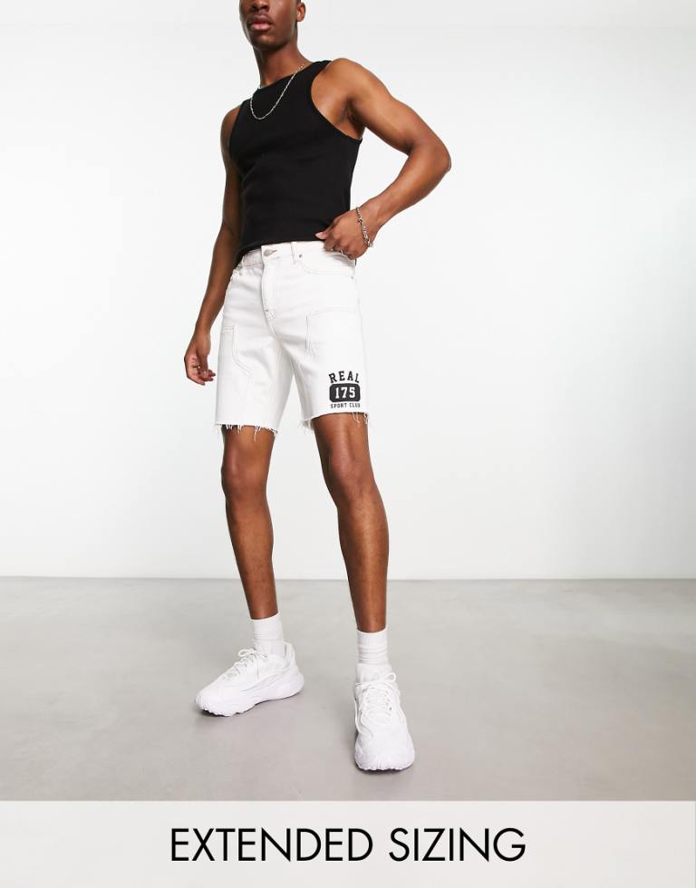 ASOS DESIGN Mens classic rigid regular length shorts in white with varsity print - Size 38 (Waist)