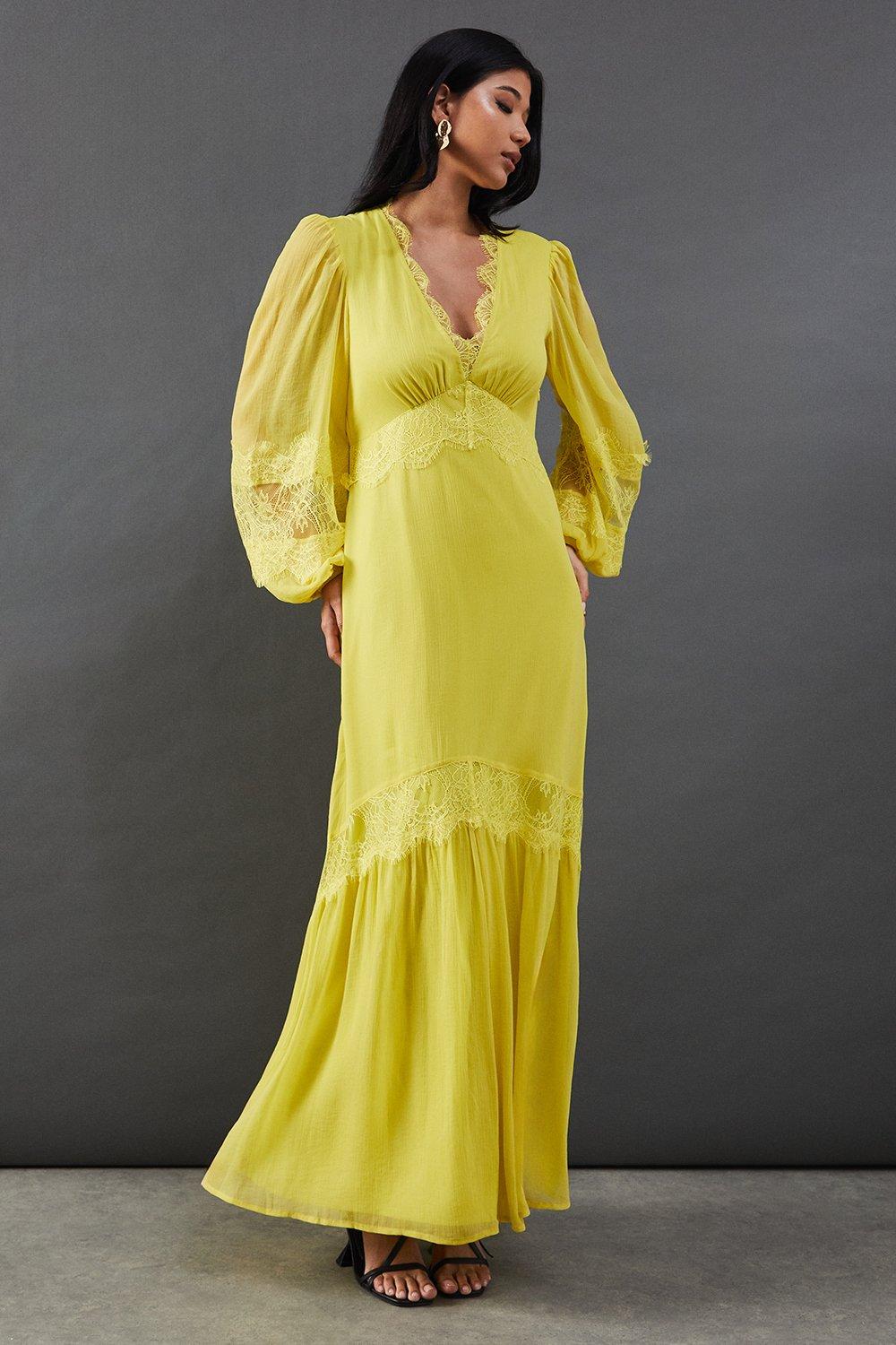 Warehouse Womens Chiffon Lace Insert Plunge Neck Maxi Dress - Yellow - Size 14 UK