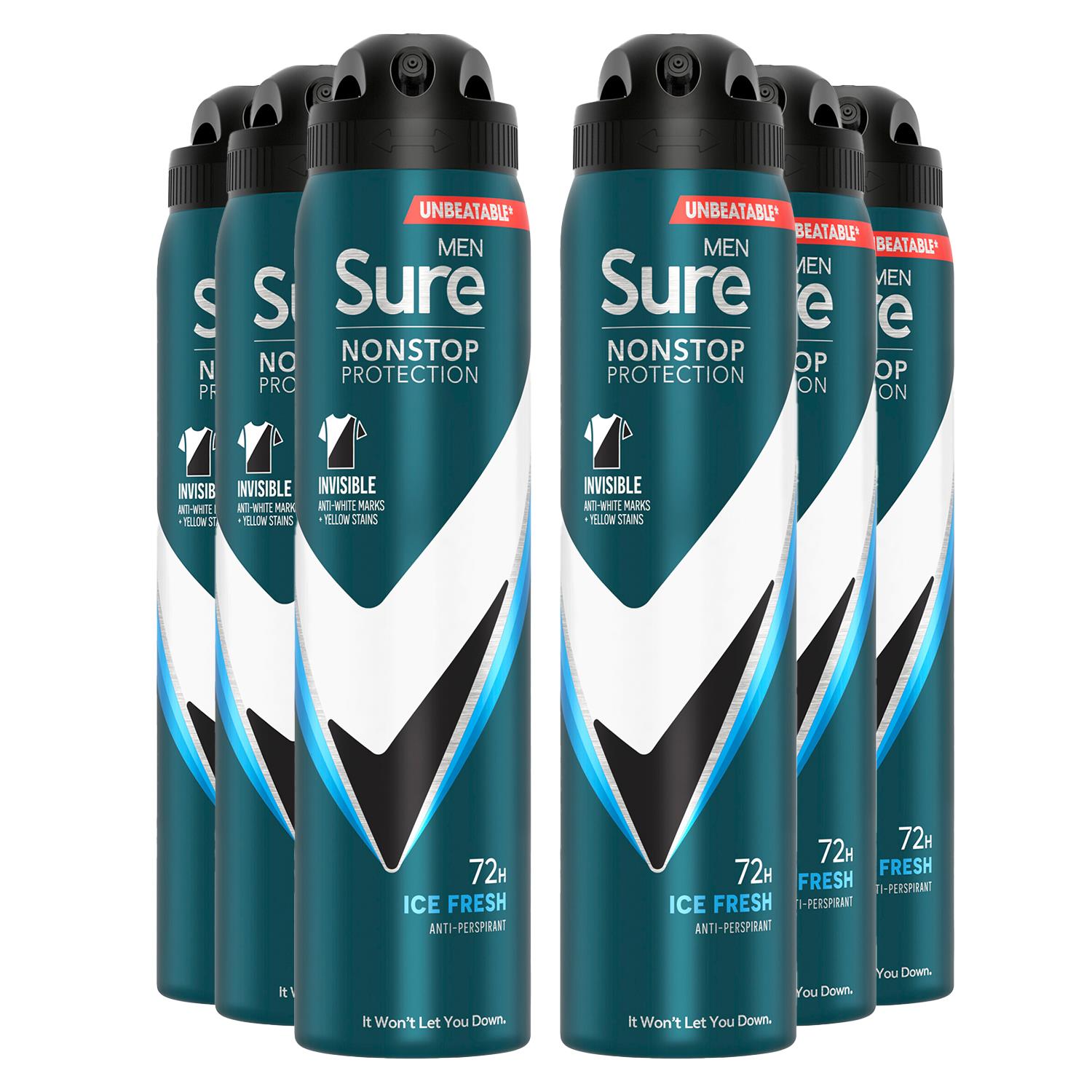 Sure Mens Men Antiperspirant 72H Nonstop Protection Invisible Ice Advance Deo 250ml, 6 Pack - One Size