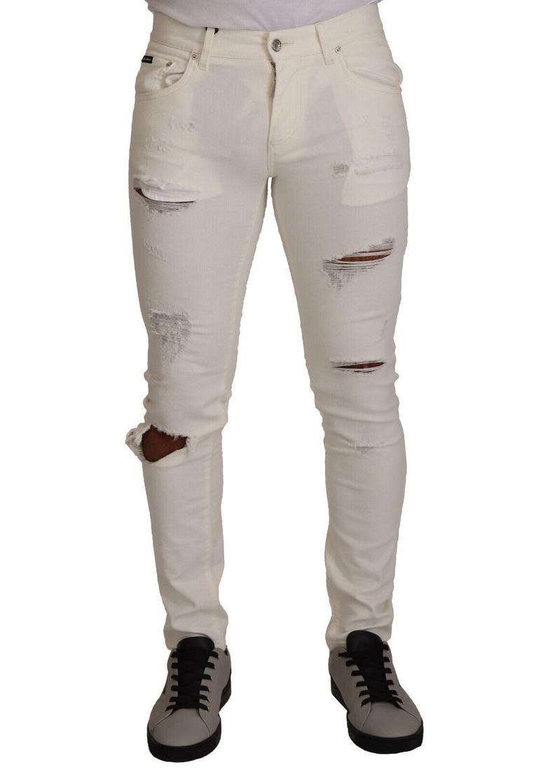 Dolce & Gabbana Mens White Tattered Skinny Cotton Denim Jeans material_cotton - Size IT 46 (Mens)