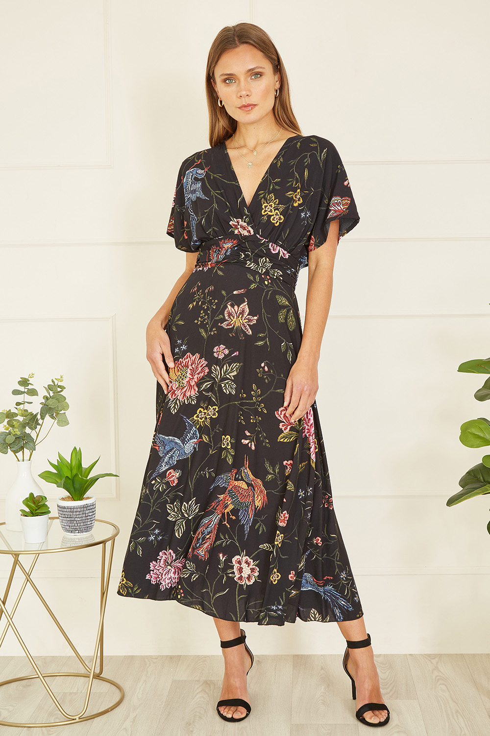 Yumi Womens Black Viscose Bird and Floral Print Kimono Midi Dress - Size 12 UK