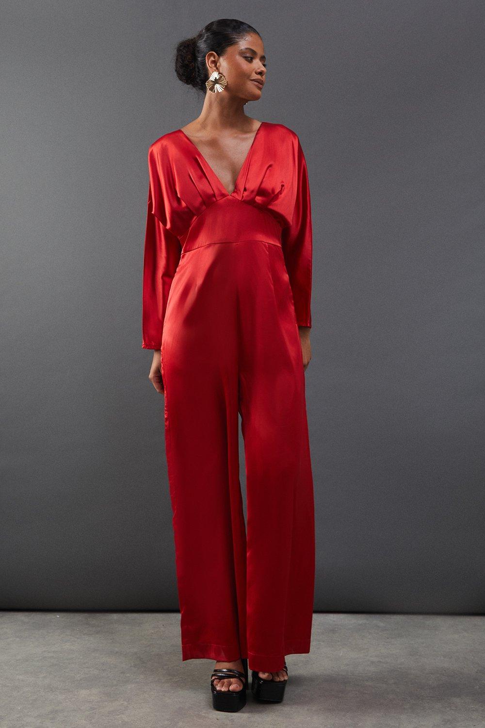 Warehouse Womens Satin Batwing Wide Leg Jumpsuit - Red - Size 10 UK