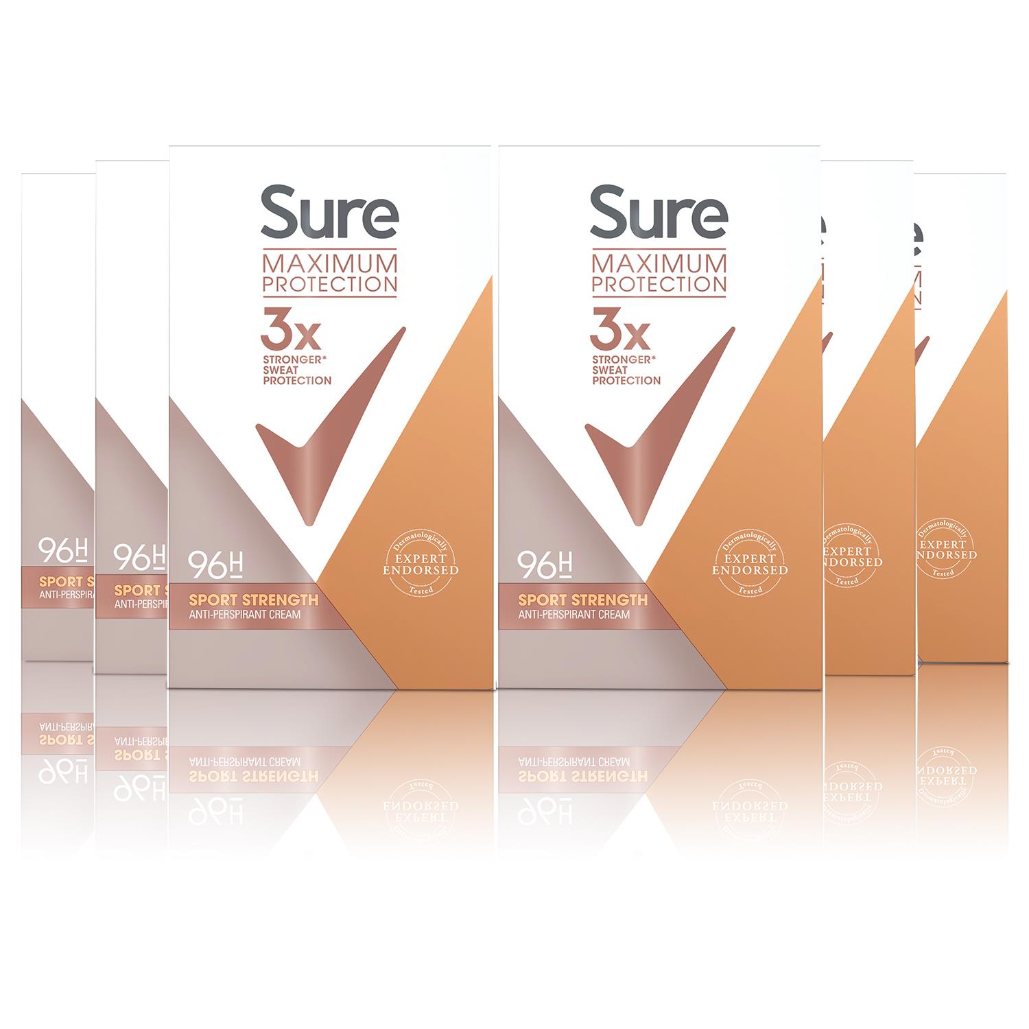 Sure Womens Women Maximum Protection Sport Strength Anti-Perspirant Cream, 6x 45ml - One Size