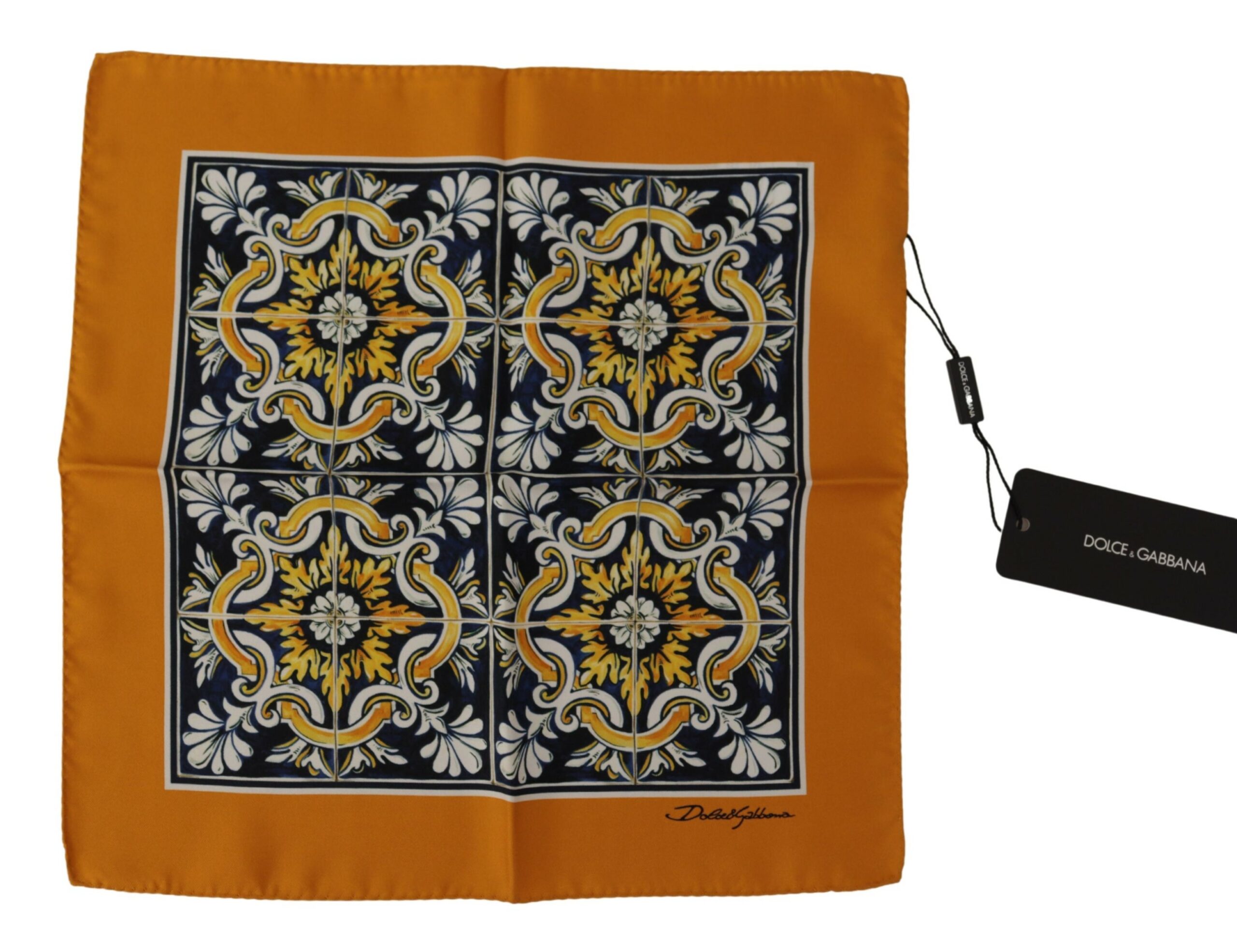 Dolce & Gabbana Mens Orange Majolica Pattern Square Handkerchief Scarf - Multicolour Silk - One Size