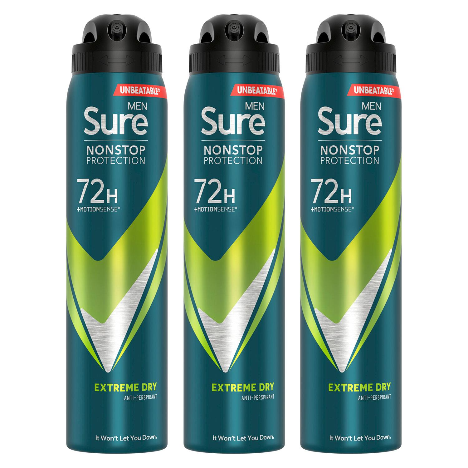 Sure Mens Men Anti-perspirant 72H Nonstop Protection Extreme Dry Deodorant 250ml, 3 Pack - NA - One Size