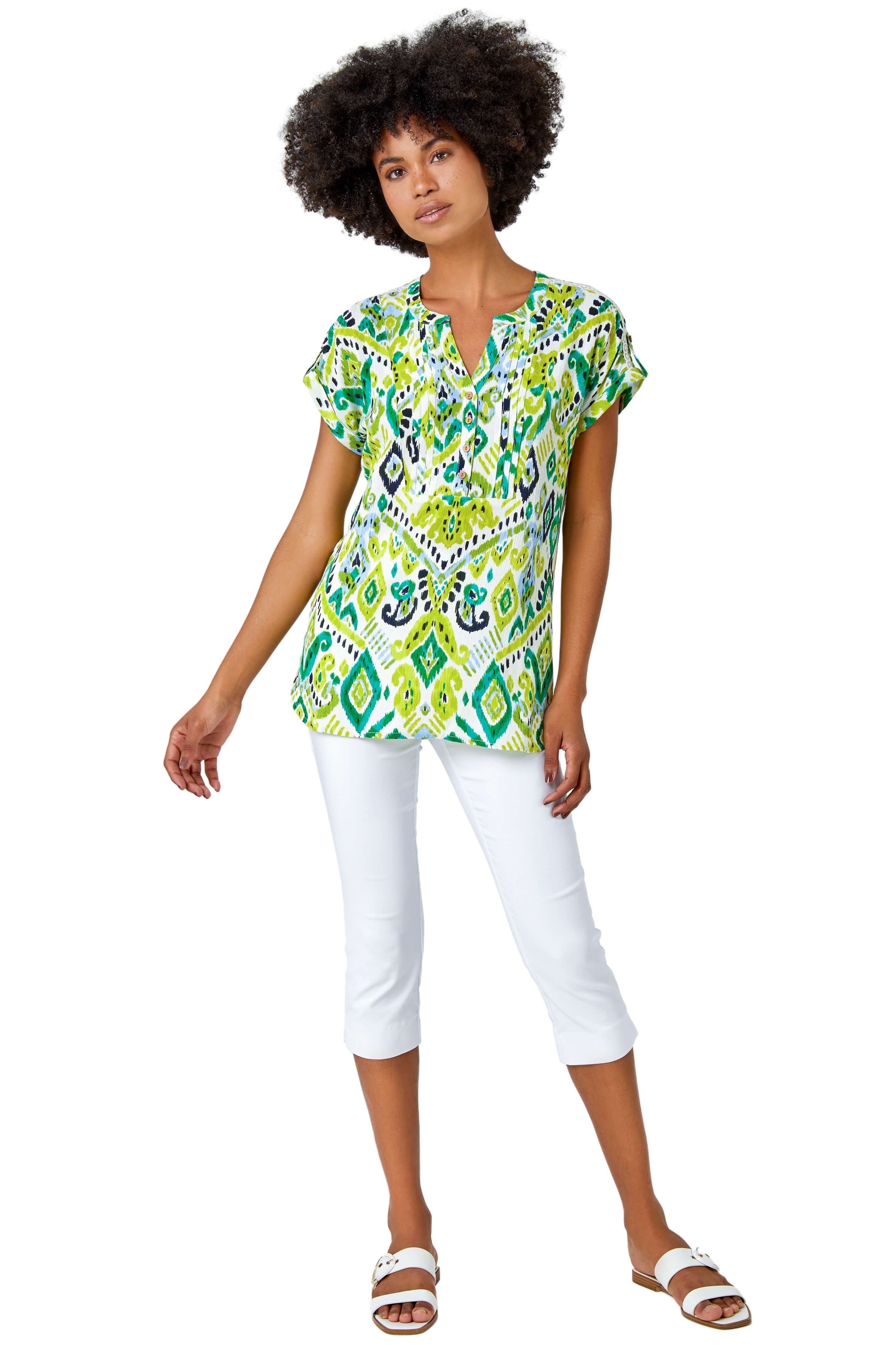 Roman Womens Aztec Print Lace Trim Top - Lime Green - Size 16 UK