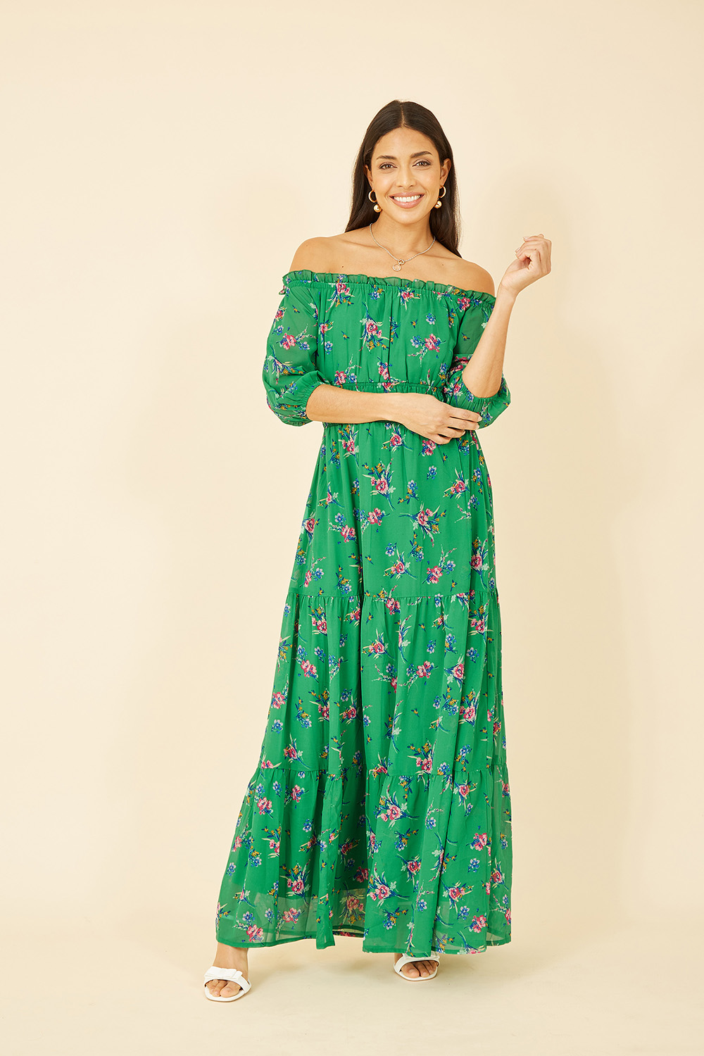 Yumi Womens Green Floral Bardot Long Sleeve Maxi Dress - Size 10 Uk