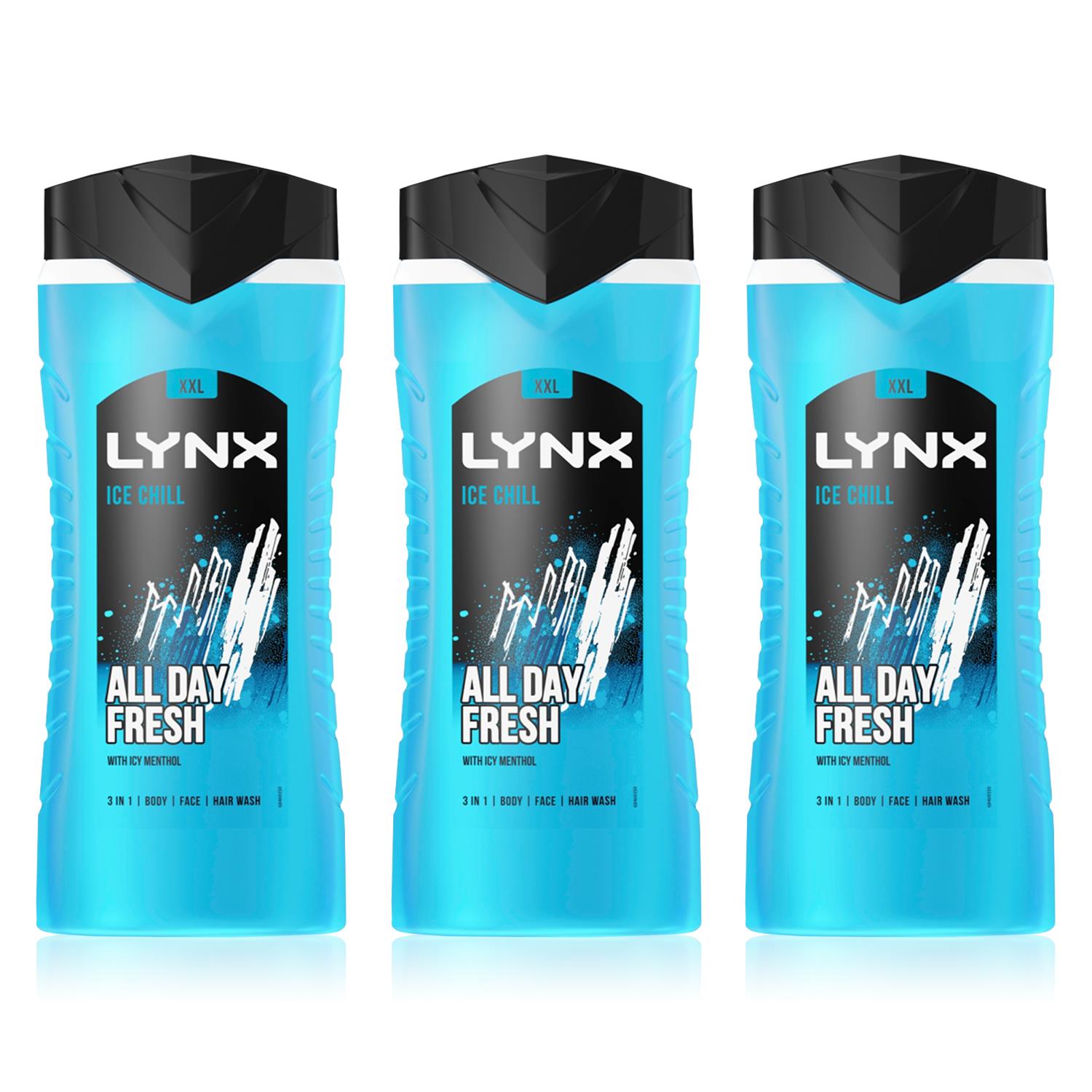 Lynx Mens Ice Chill 12H Refreshing Fragrance Shower Gel Bodywash, 3x 500ml - NA - One Size