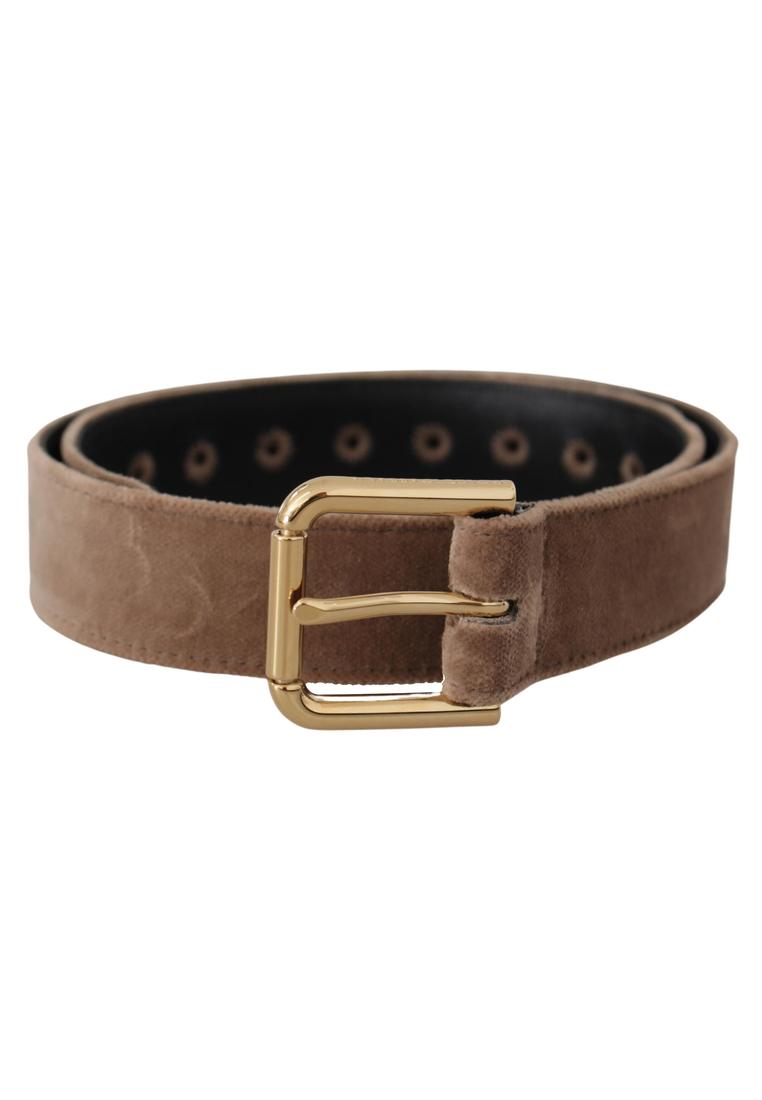 Dolce & Gabbana WoMens Light Brown Velvet Gold Tone Logo Metal Buckle Belt - Size 65 cm