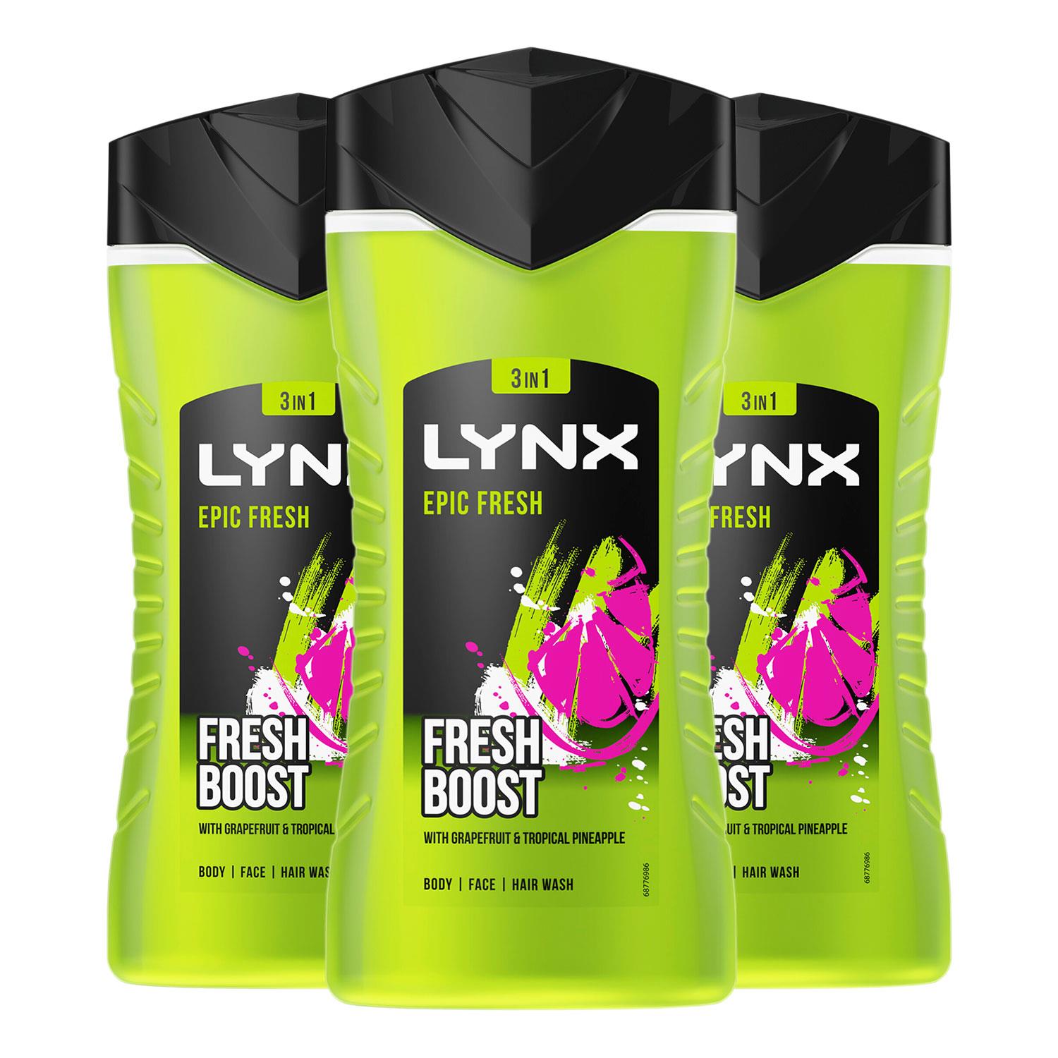 Lynx Mens Shower Gel Epic Fresh Grapefruit & Tropical Pineapple Scent 225ml, 3 Pack - NA - One Size