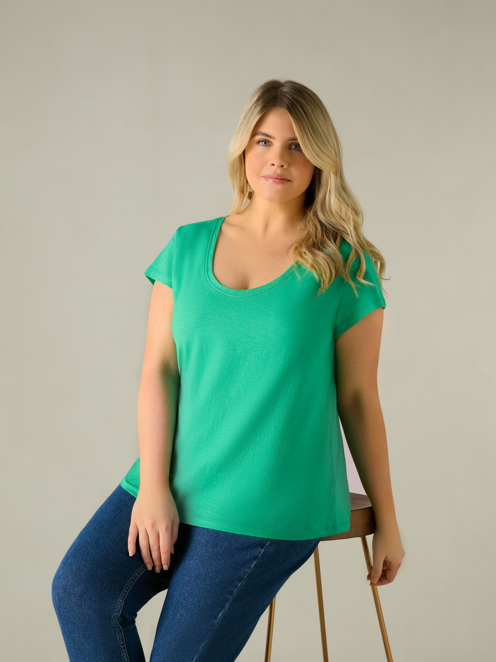 Live Unlimited Womens Green Cotton Slub Scoop Neck T-Shirt - Size 20 UK