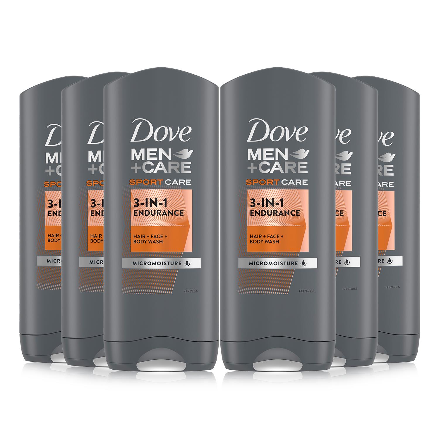 Dove Mens Men+Care Hair, Face & Body Wash, 3 in 1 Endurance, Micro Moisture, 6x400ml - Orange - One Size