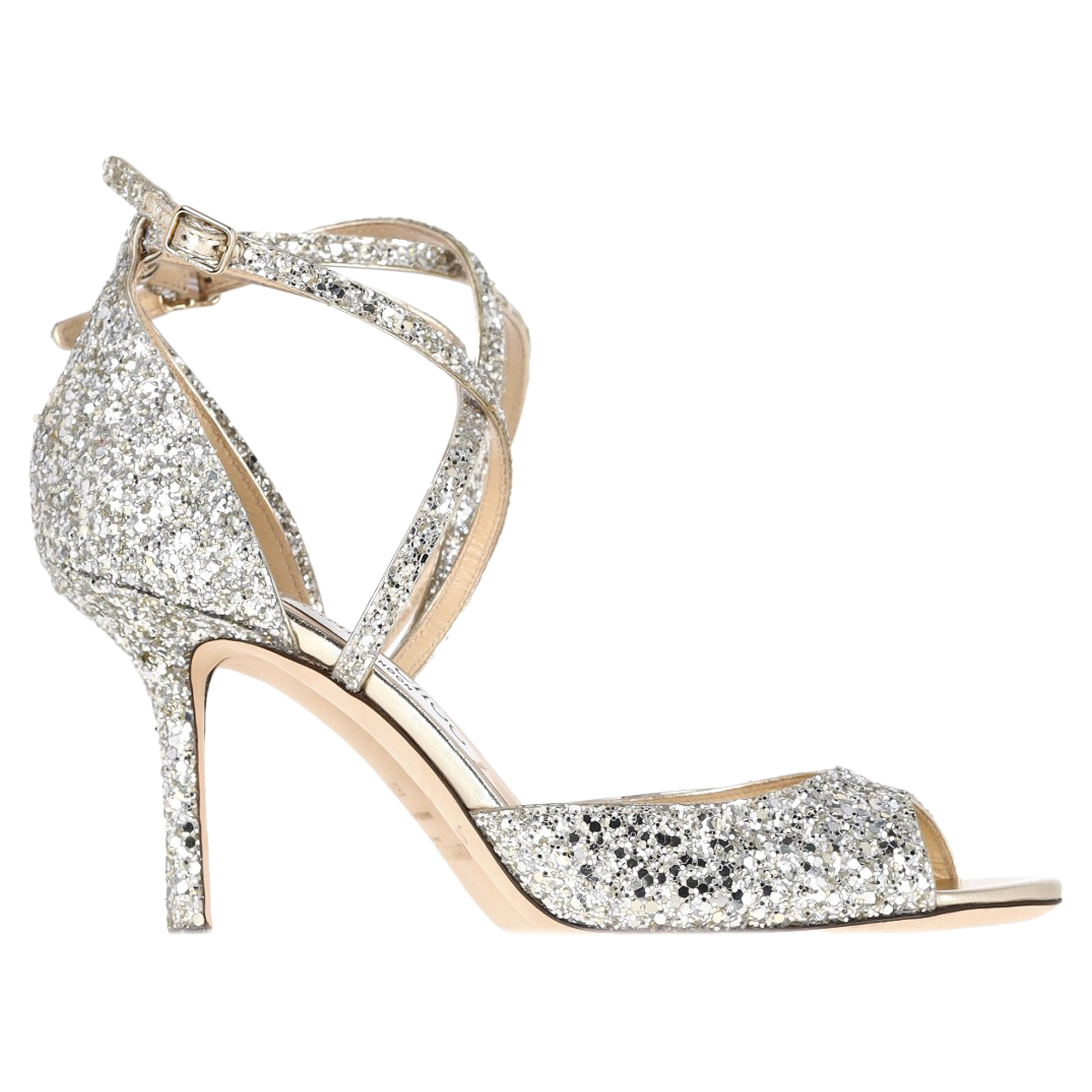 Jimmy Choo Pre-owned Womens Emsy 85 Sandals in Champagne Glittered Leather - Beige material_other - Size 37.5 EU/IT