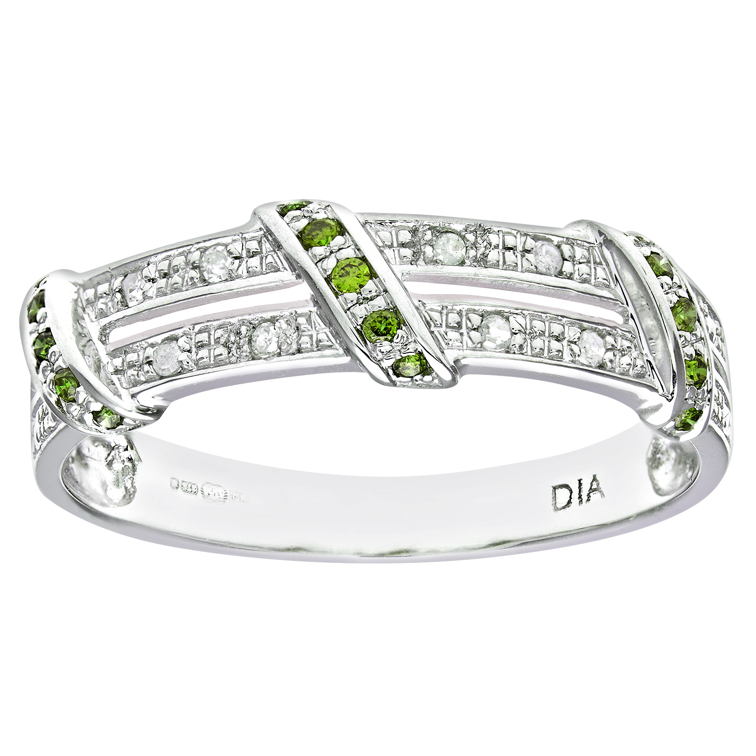 Diamant L'Eternel Womens 9ct White Gold Green Diamond Twist Ribbon Eternity Ring - Size J