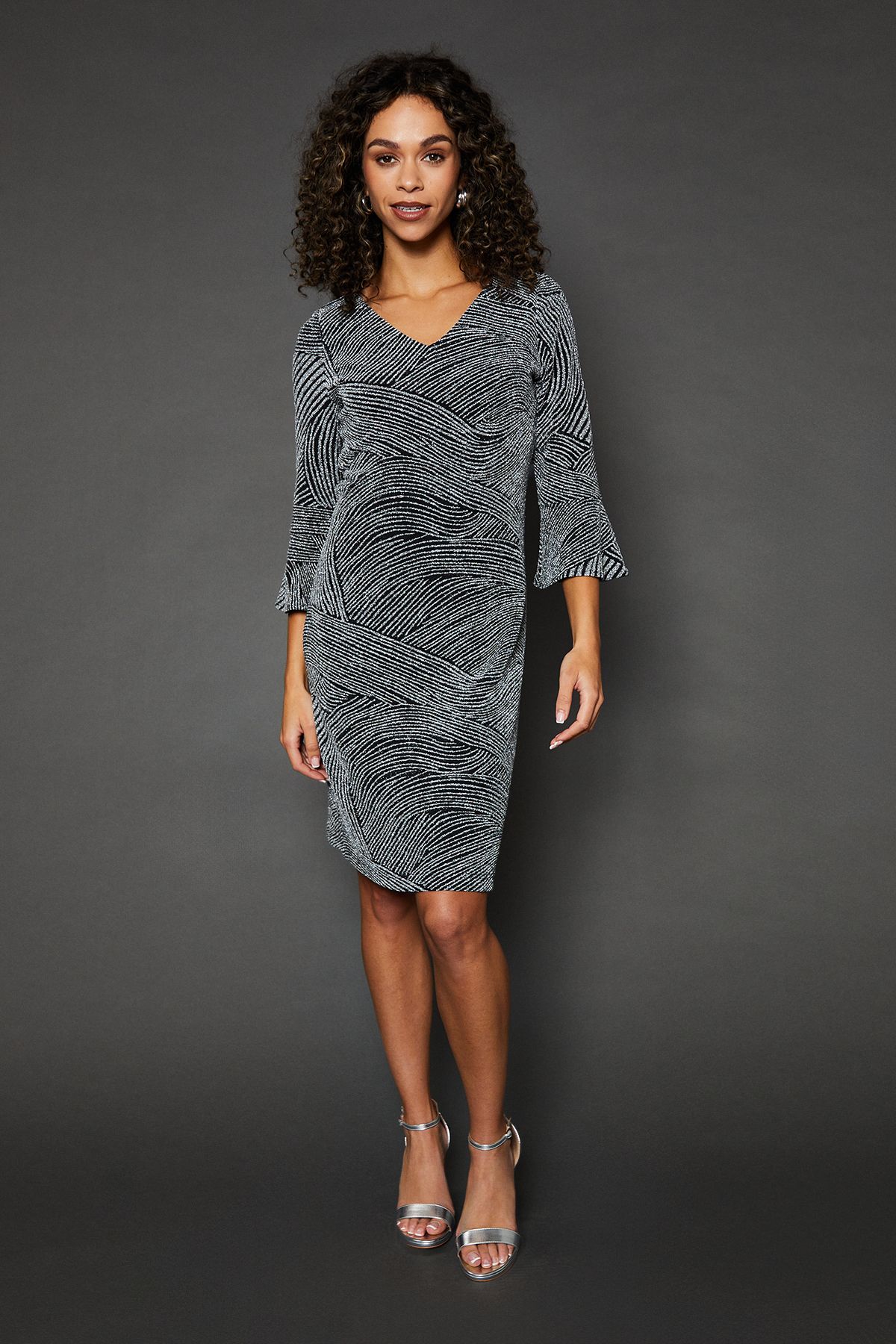 Wallis Womens Occasion Glitter Jersey Ruffle Shift Dress Silver material polyester Size 14 UK Shopping