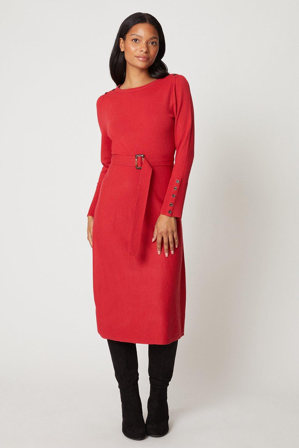 Wallis Womens Petite Red Slash Neck Belted Knitted Dress - Size Large