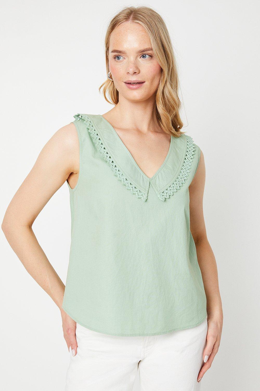 Oasis Womens Poplin Lace Trim Collar Sleevless Top - Green Cotton - Size 8 UK