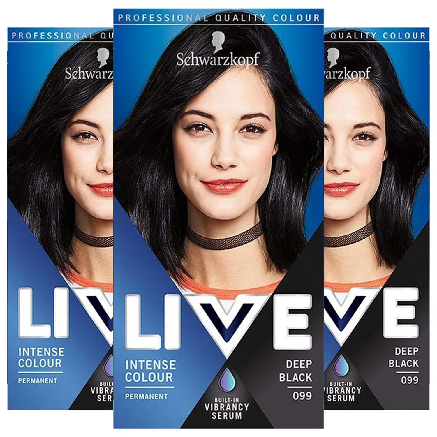 Schwarzkopf Womens 3x LIVE Deep Black Permanent Hair Dye, Intense Colour 099 - One Size